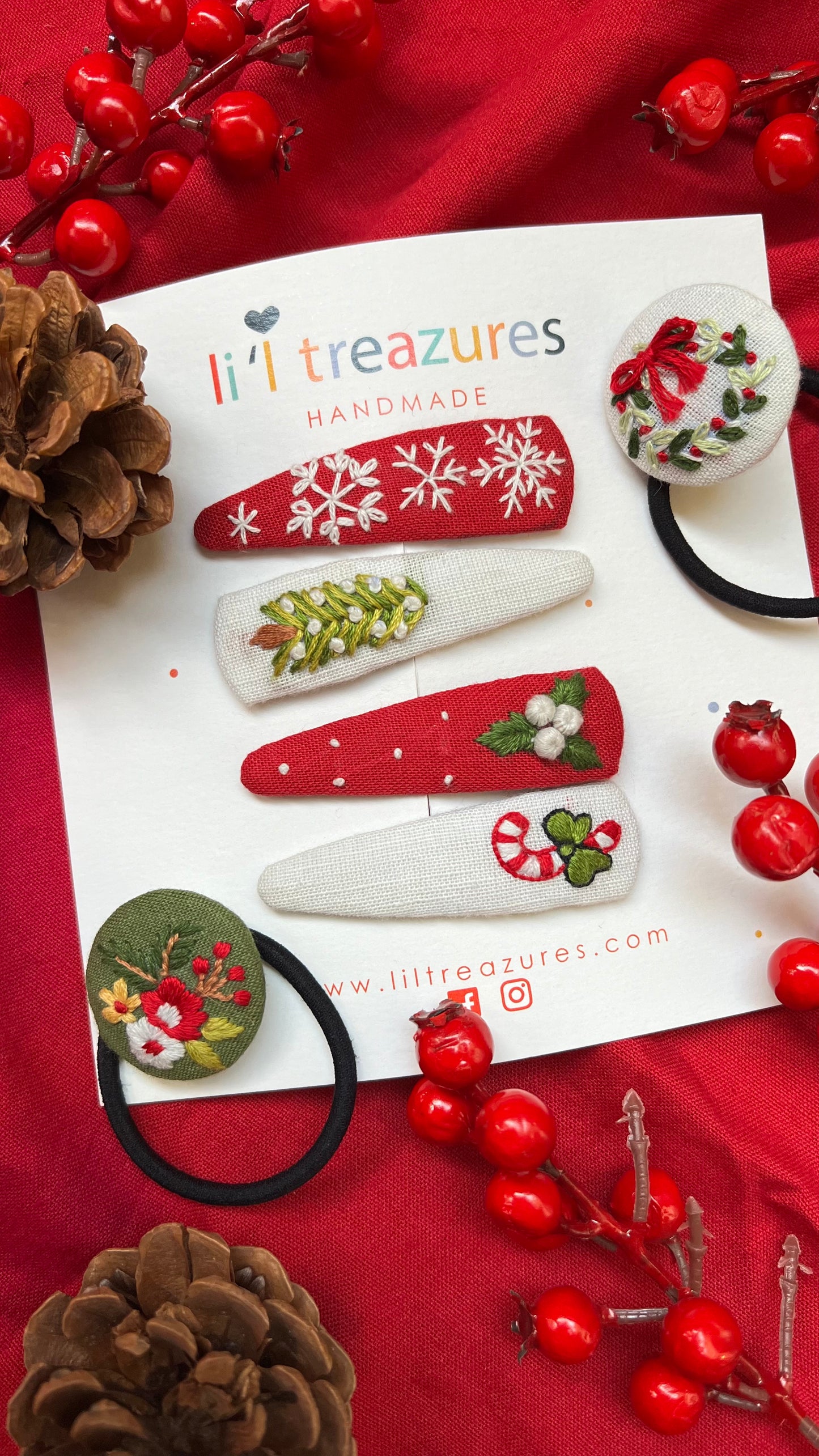 Christmas Noel Hand embroidered hair pins and hair tie set | set of 4 hair pins & 2 hair pins