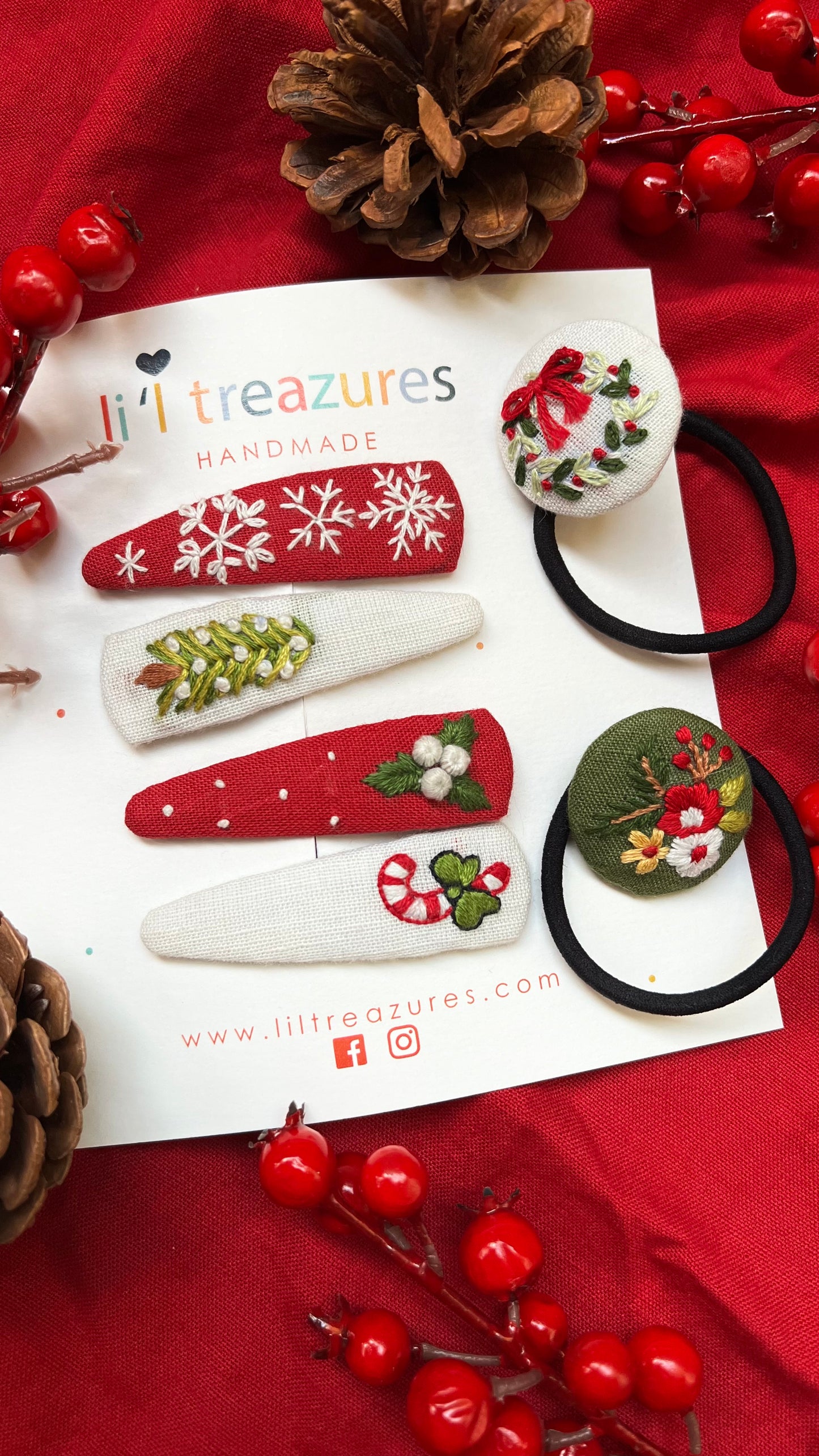 Christmas Noel Hand embroidered hair pins and hair tie set | set of 4 hair pins & 2 hair pins