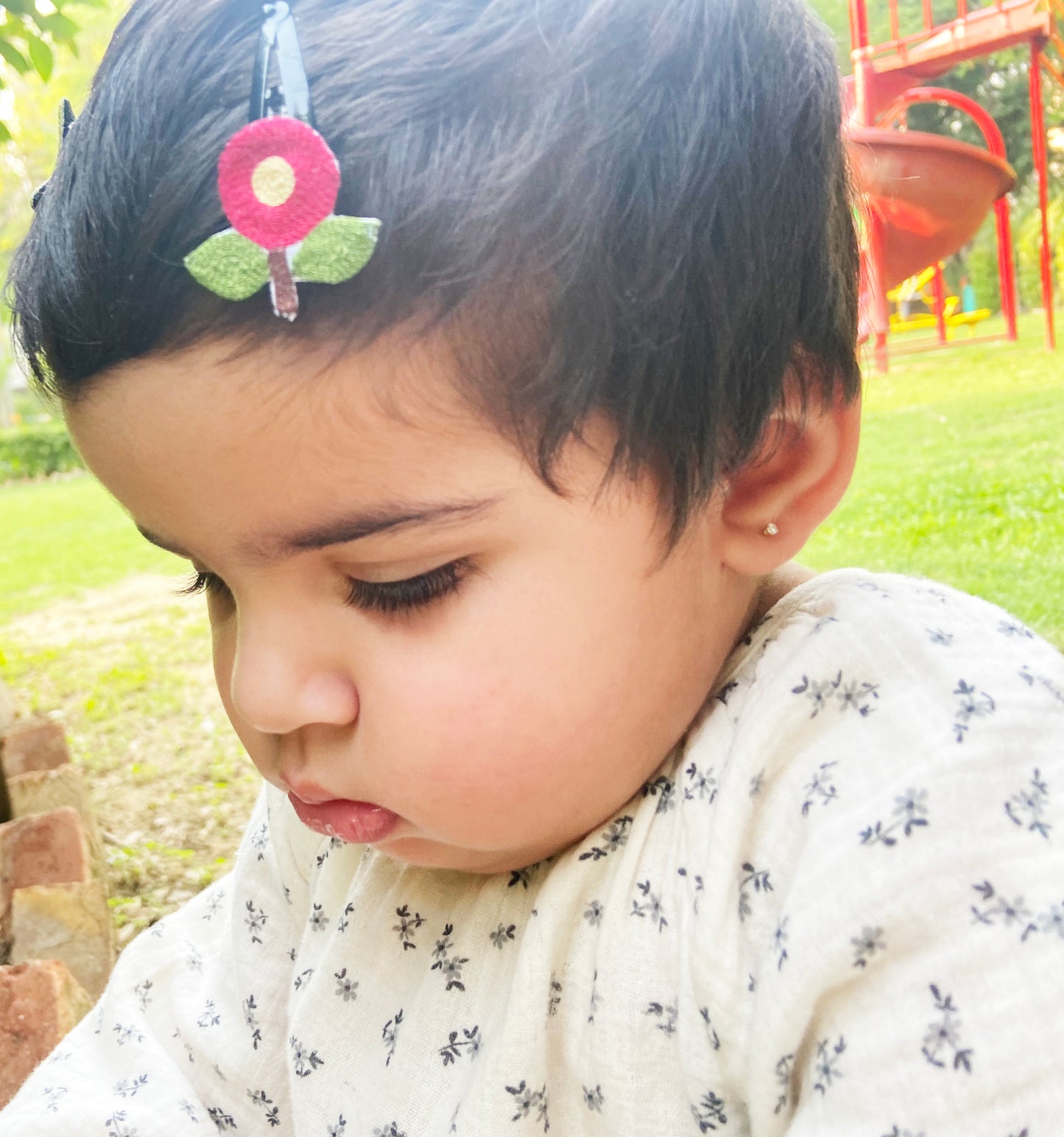 Organic cotton linen hand embroidered fruits animals flower Baby / kids hairpins | Multicoloured | set of 6