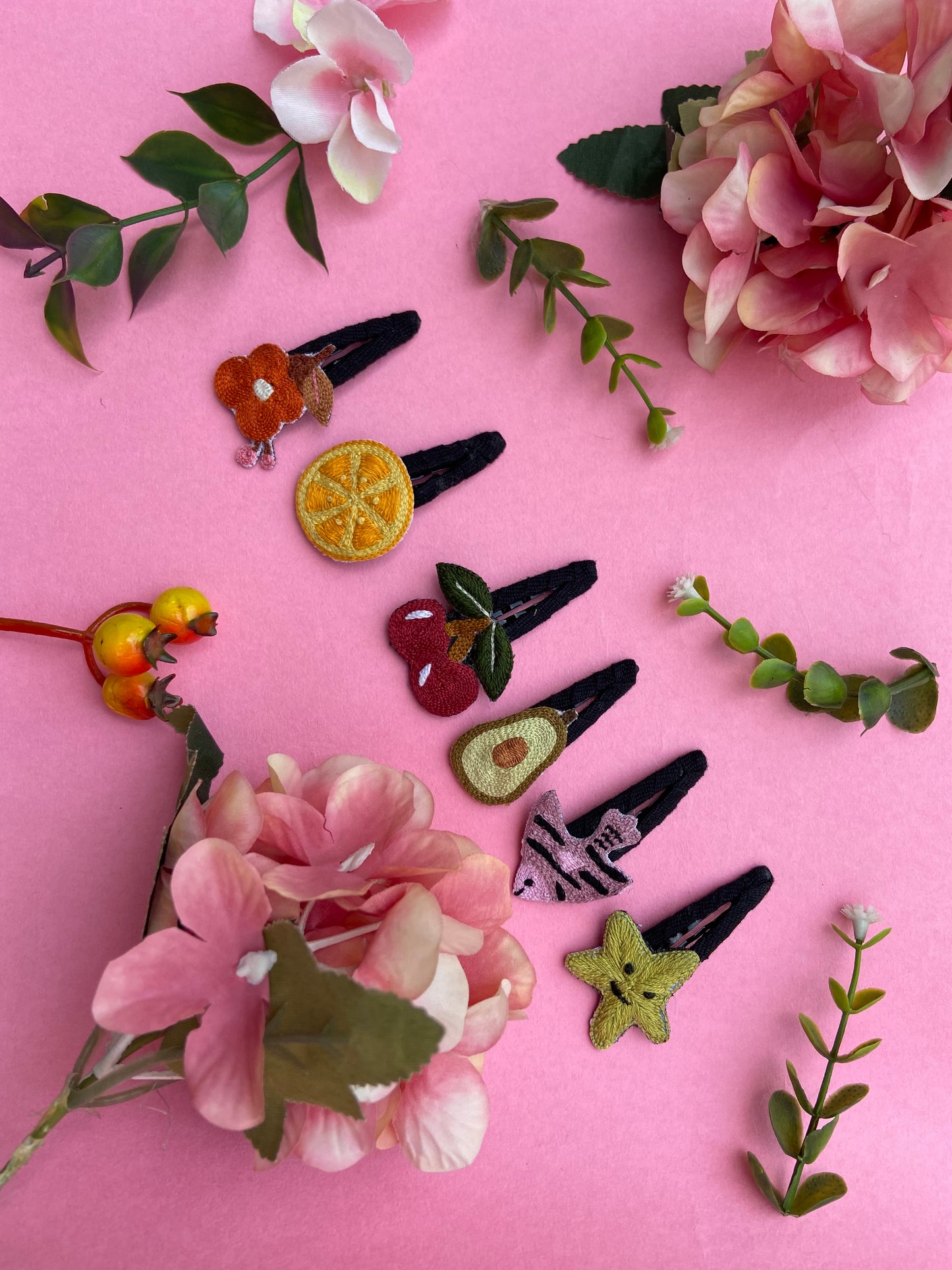 Organic cotton linen hand embroidered fruits animals flower Baby / kids hairpins | Multicoloured | set of 6