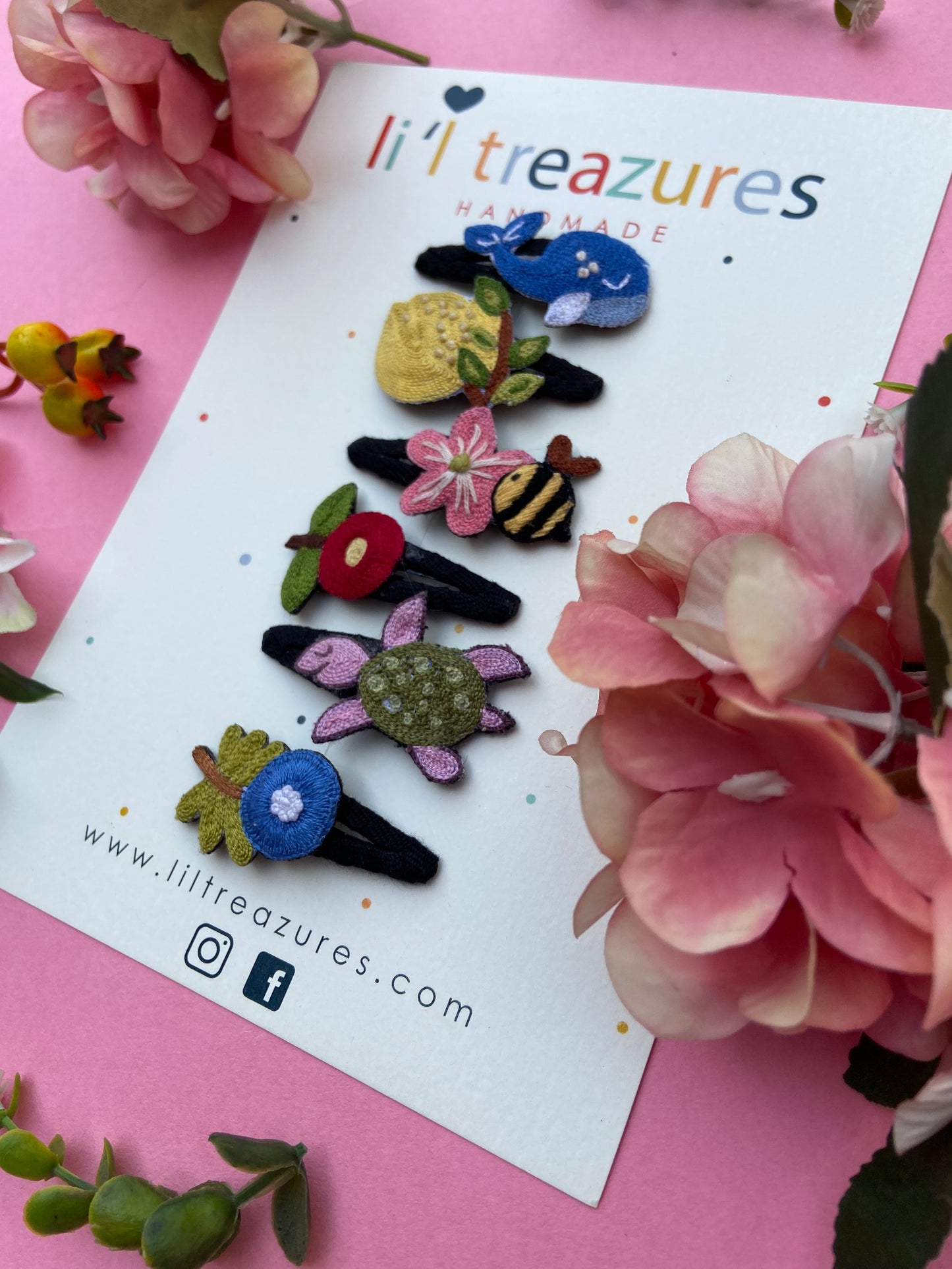 Organic cotton linen hand embroidered fruits animals flower Baby / kids hairpins | Multicoloured | set of 6