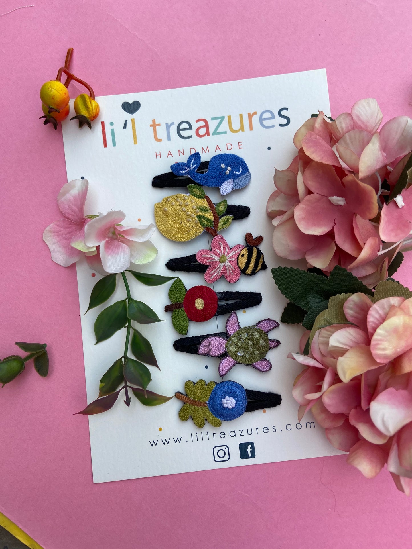 Organic cotton linen hand embroidered fruits animals flower Baby / kids hairpins | Multicoloured | set of 6