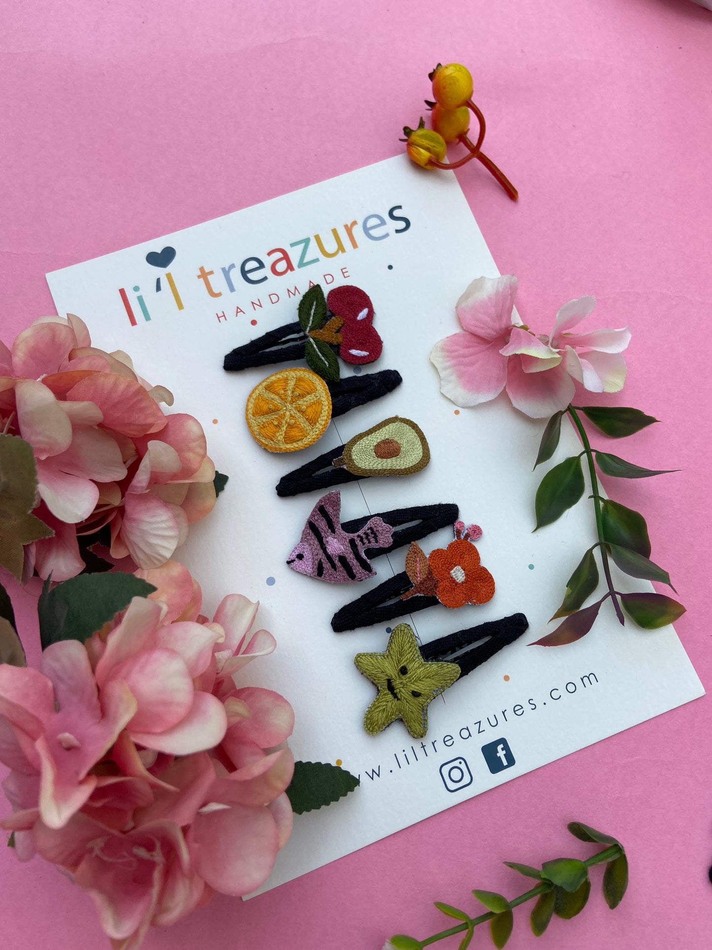 Organic cotton linen hand embroidered fruits animals flower Baby / kids hairpins | Multicoloured | set of 6