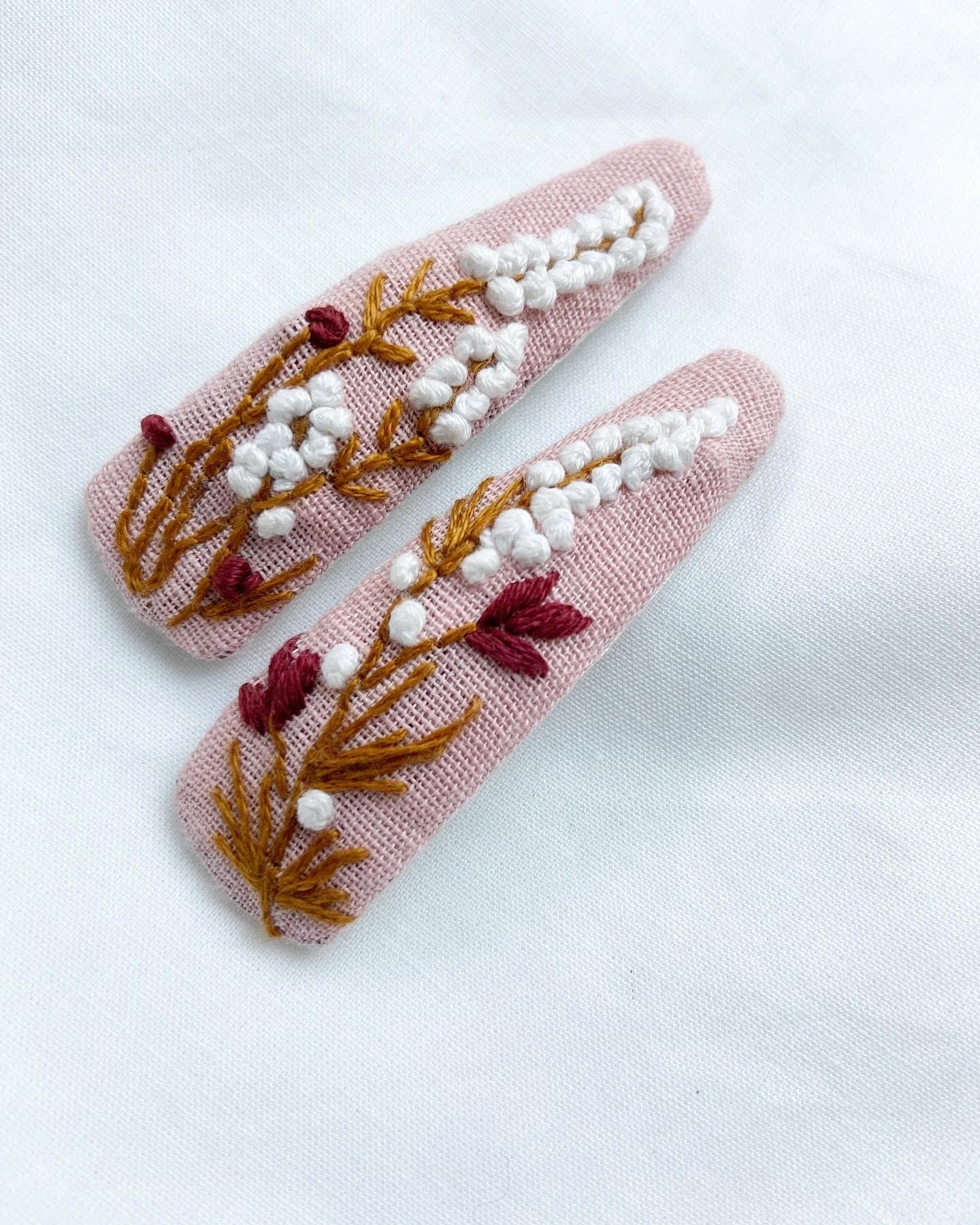 Pastel Pink flower hand embroidered hairclip | Cotton Linen | Set of 2