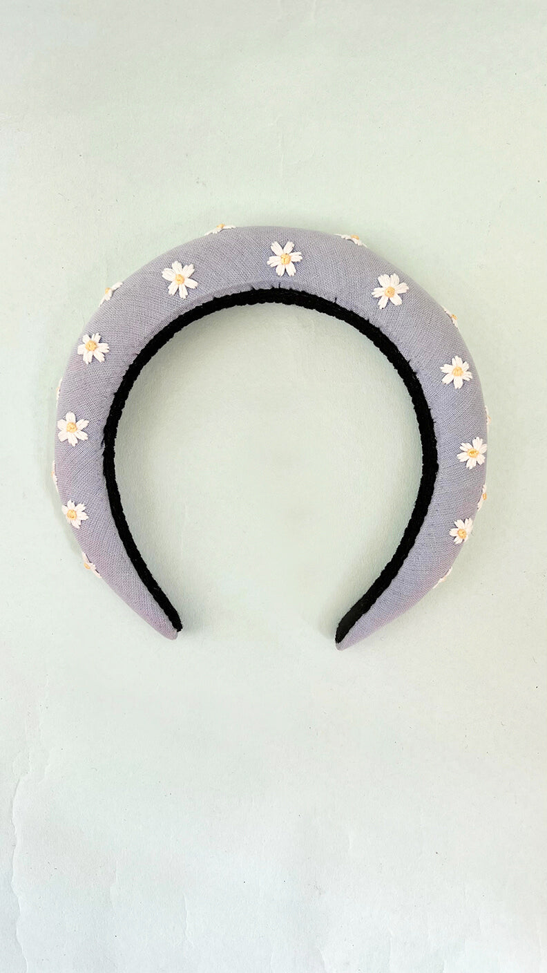 Daisy flower padded hand embroidered hairband | Powder Blue