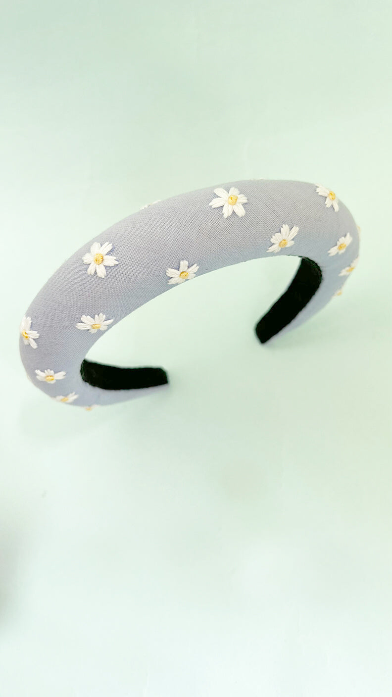 Daisy flower padded hand embroidered hairband | Powder Blue