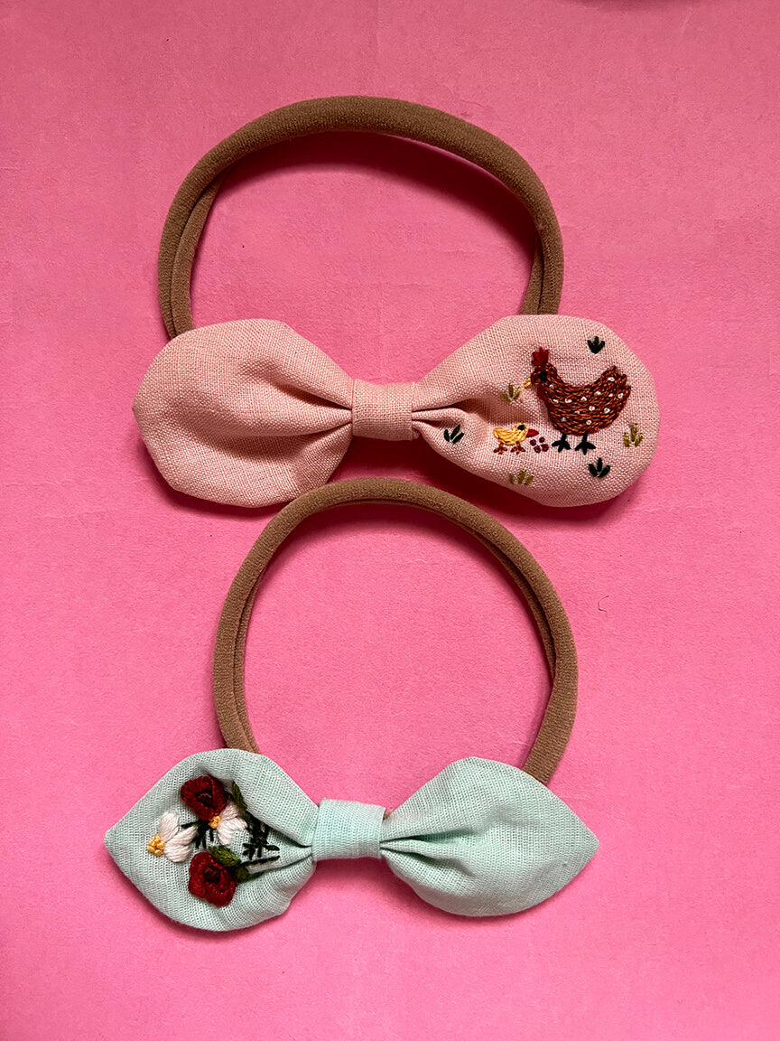 Cute lil chicken and flora hand embroidered Baby headbands| Set of 2