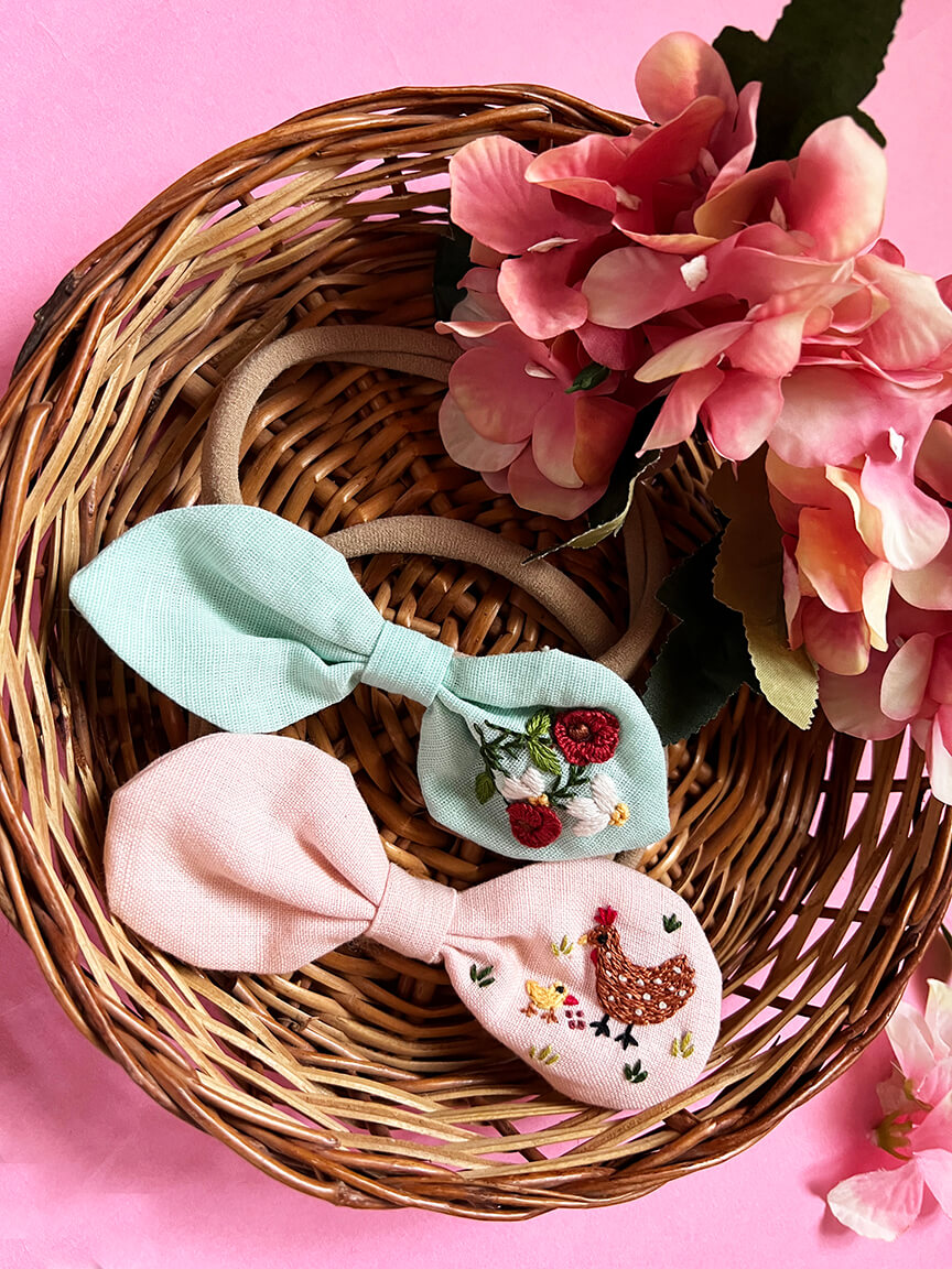 Cute lil chicken and flora hand embroidered Baby headbands| Set of 2