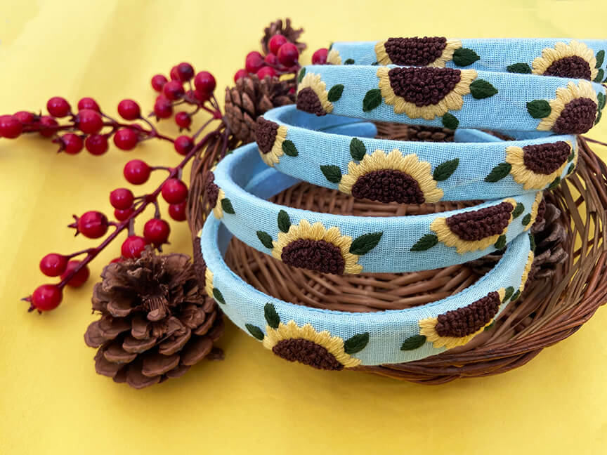 Sunflower turquoise hand embroidered hair band for girls/woman