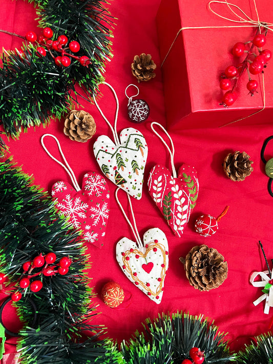 Hanging Hearts Christmas ornaments |  4 hearts & 3 felt Balls