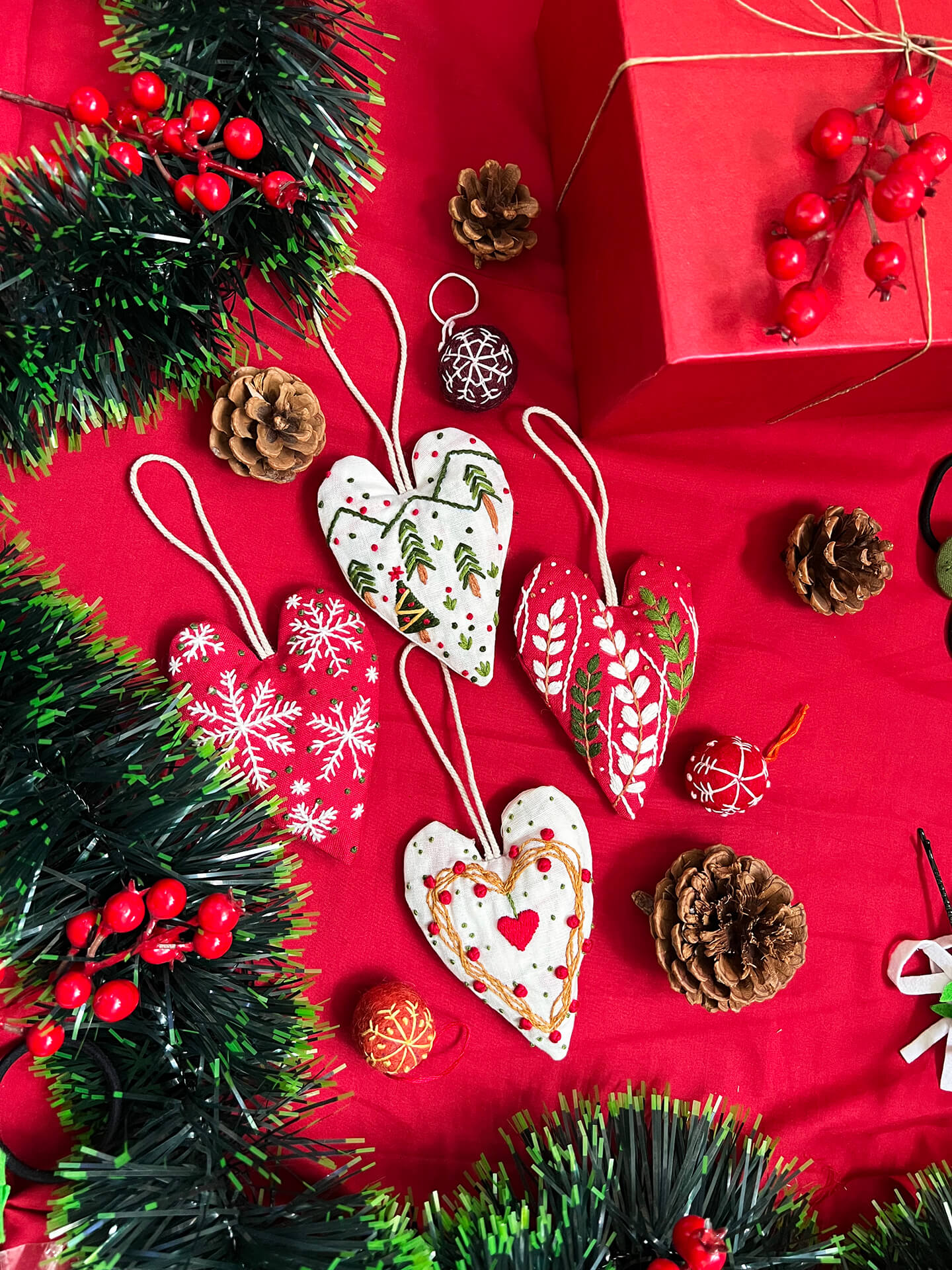 Hanging Hearts Christmas ornaments |  4 hearts & 3 felt Balls