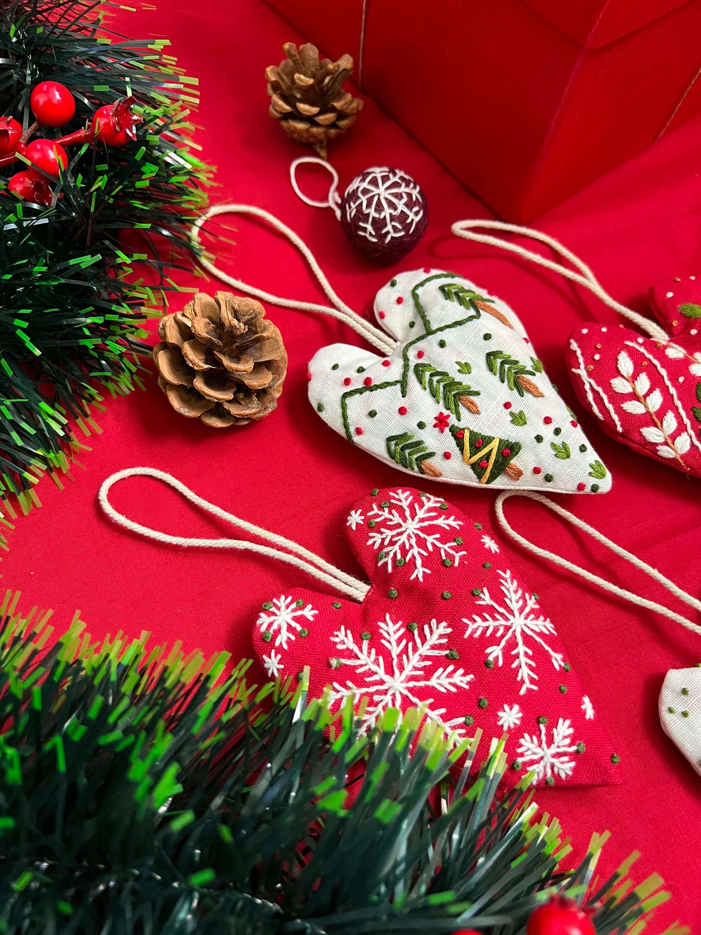 Hanging Hearts Christmas ornaments |  4 hearts & 3 felt Balls