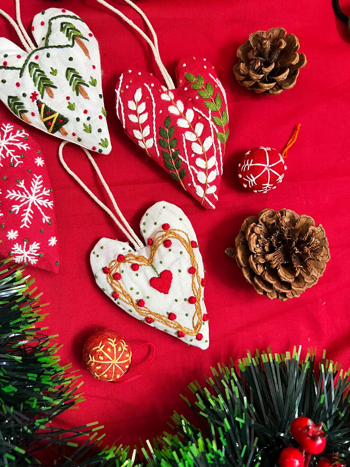 Hanging Hearts Christmas ornaments |  4 hearts & 3 felt Balls