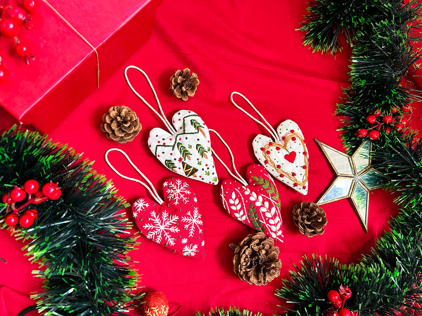 Hanging Hearts Christmas ornaments |  4 hearts & 3 felt Balls