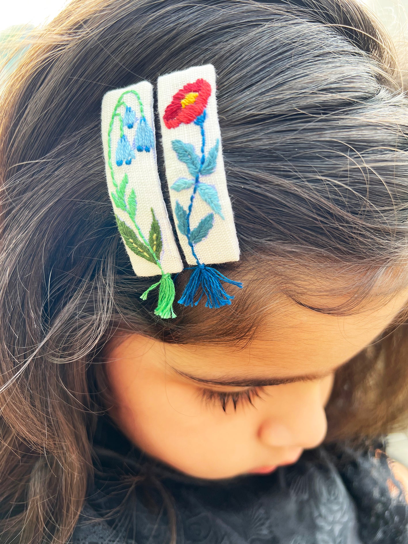 Floral Fringe hand embroidered hair pin for babies & Kids | set of 2