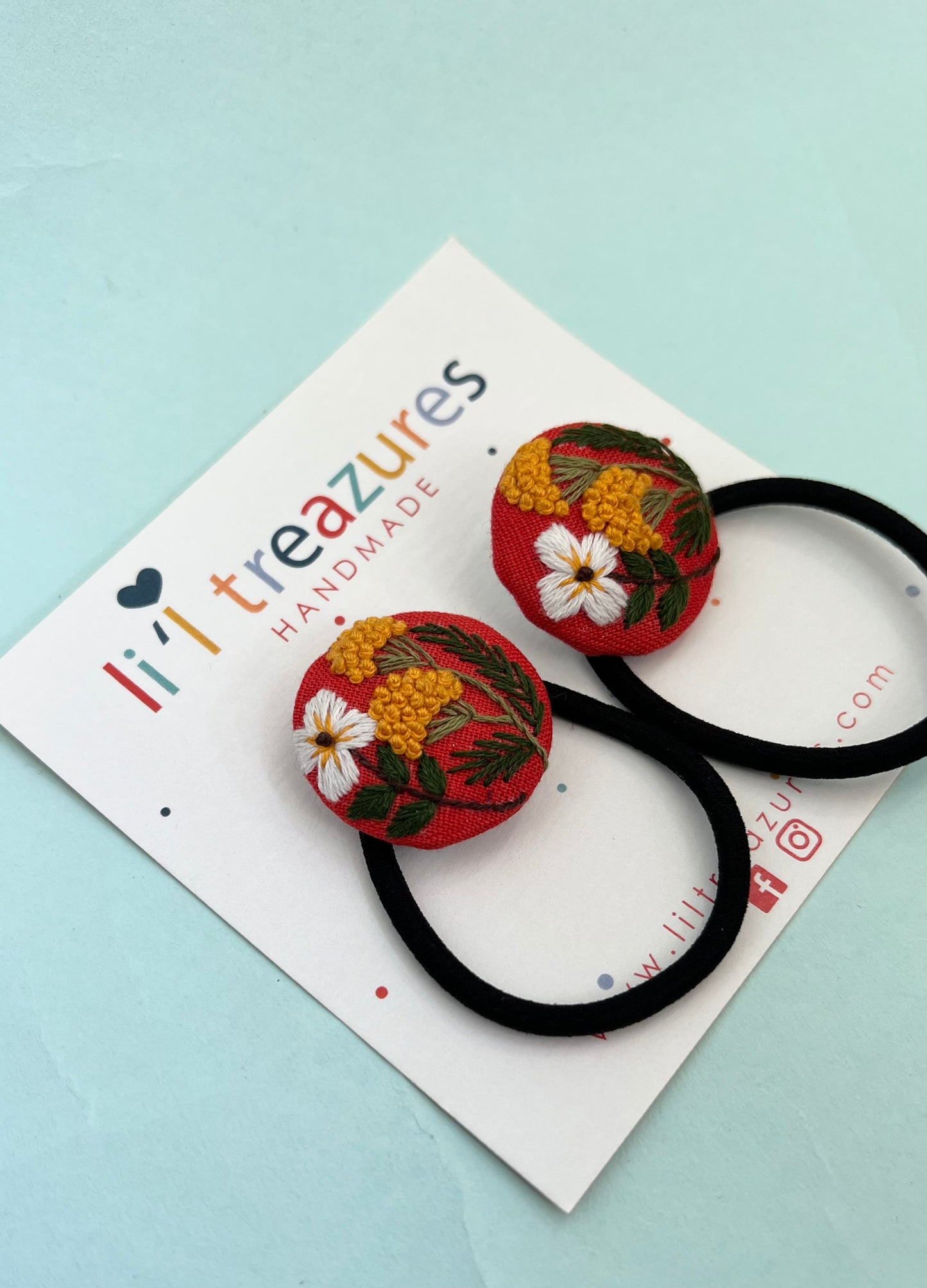 Red Mary charm hand embroidered hair tie | Red