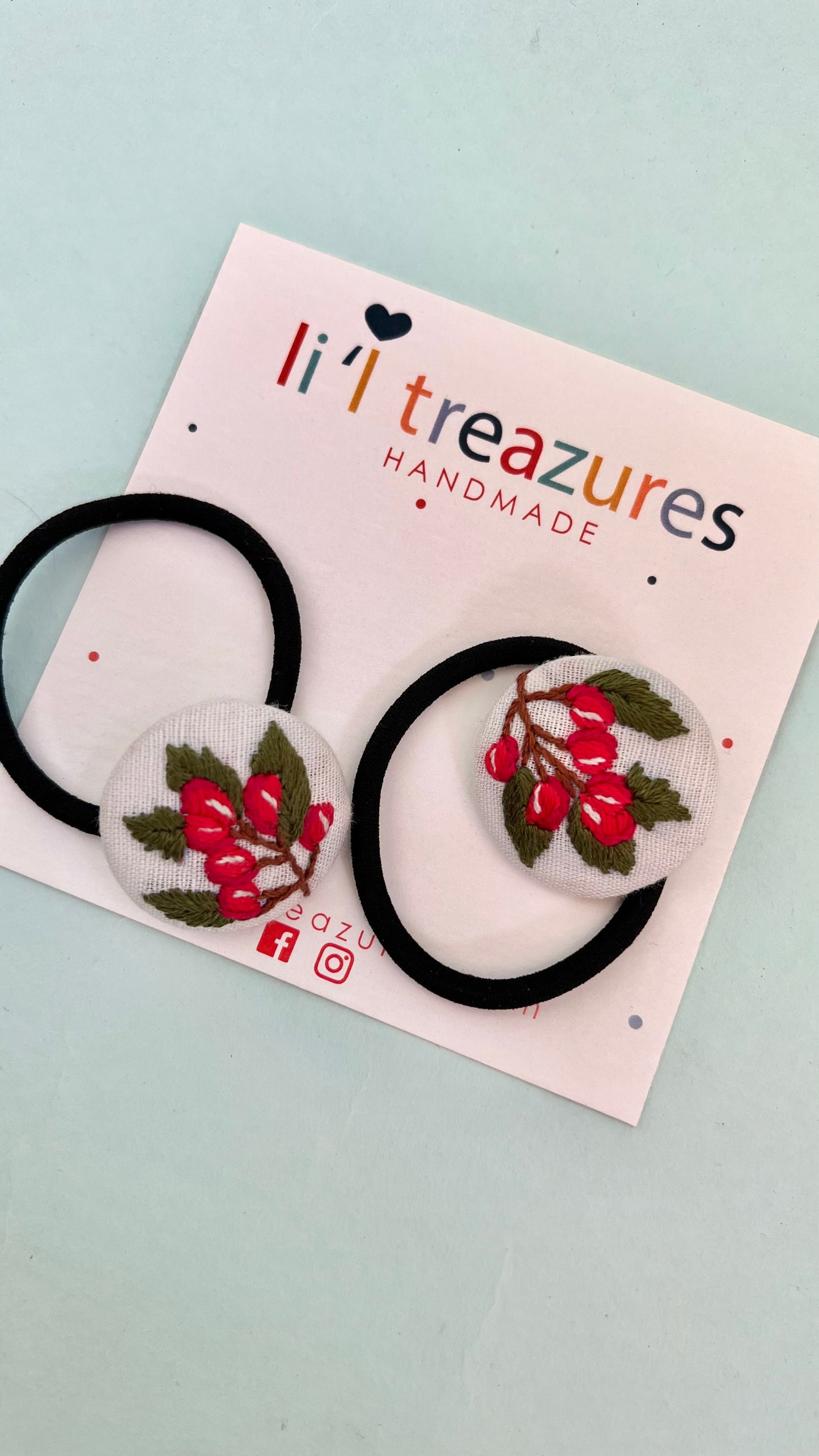 Red berries hand embroidered hair ties | White