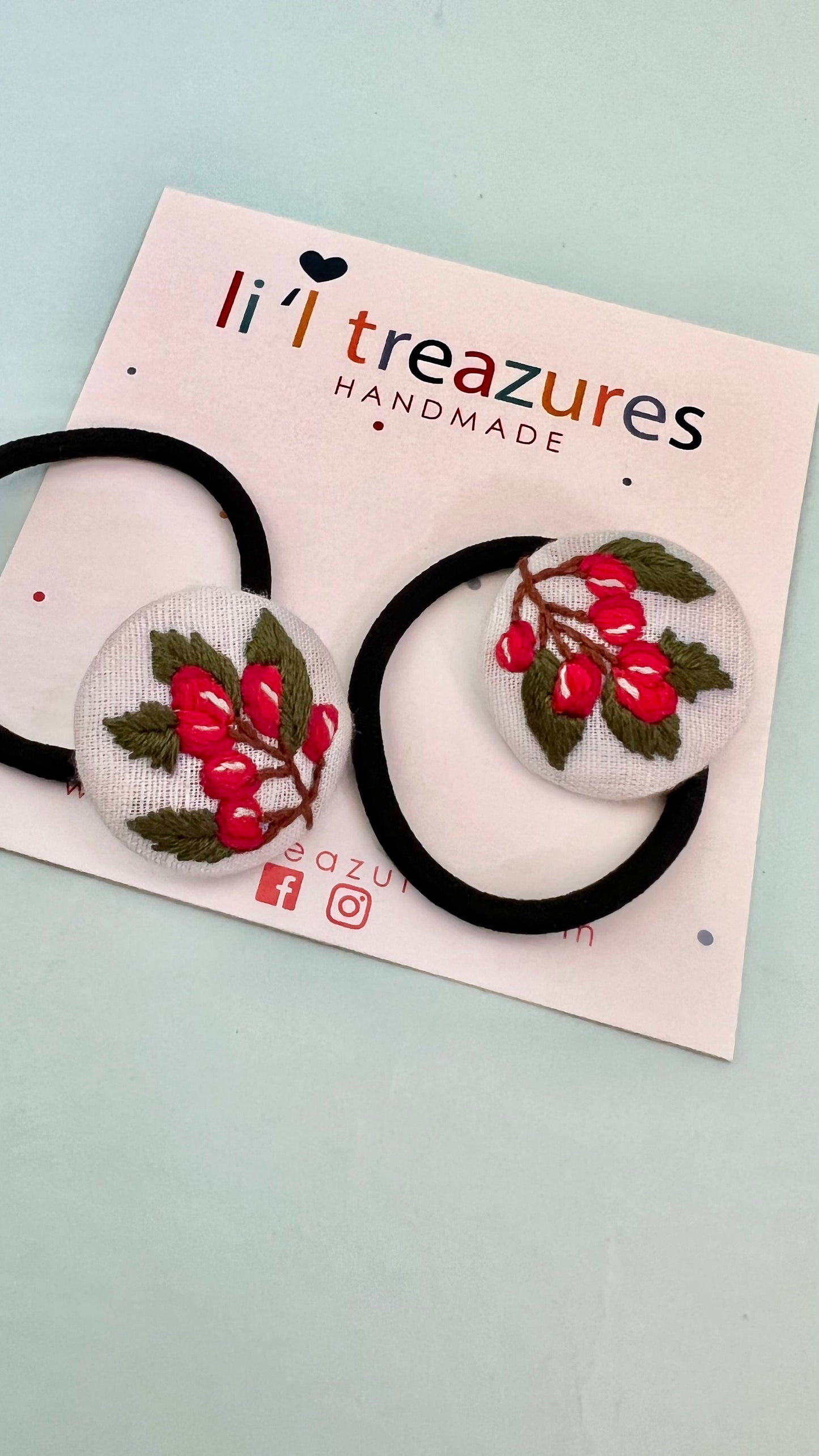 Red berries hand embroidered hair ties | White