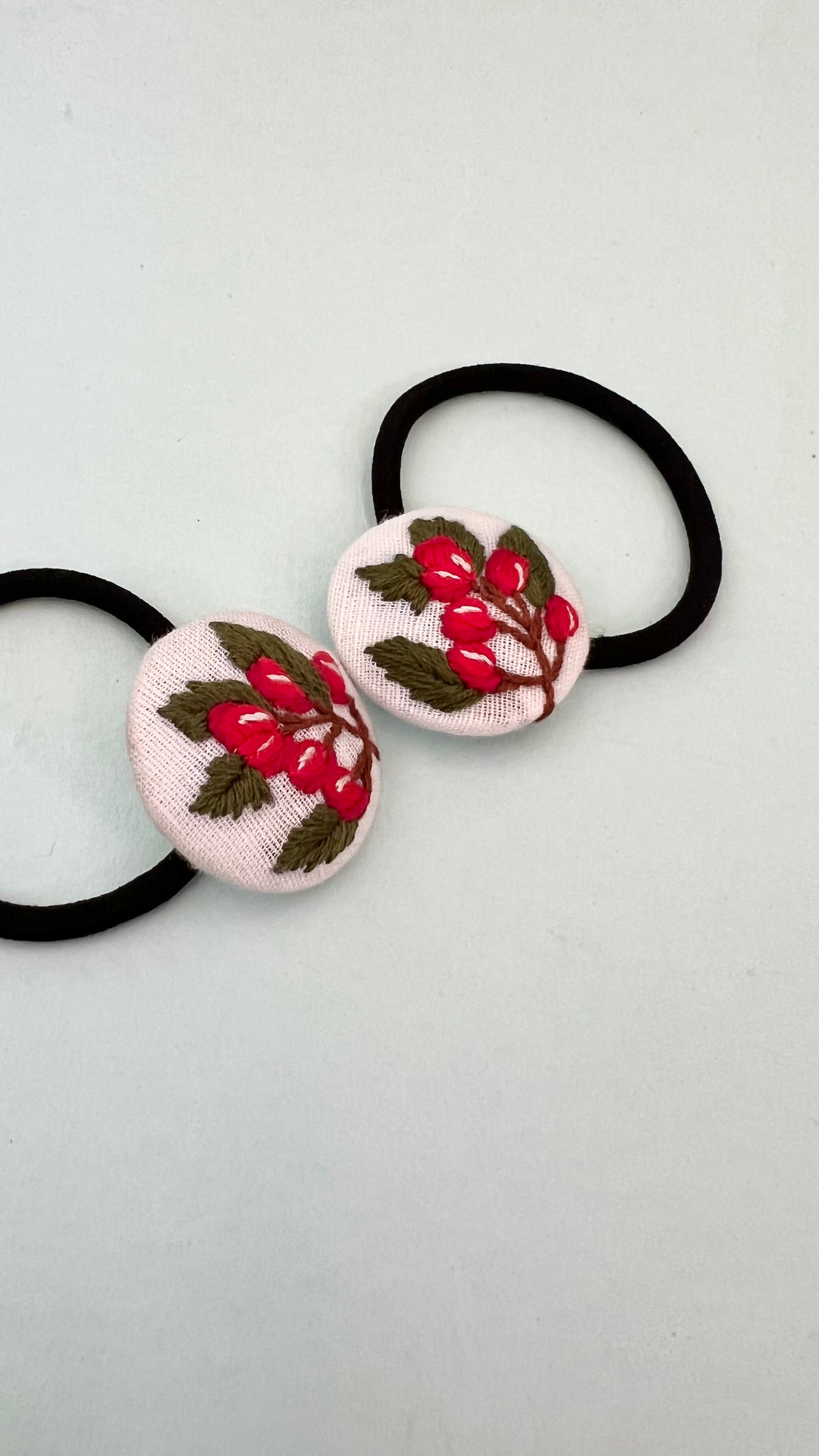 Red berries hand embroidered hair ties | White