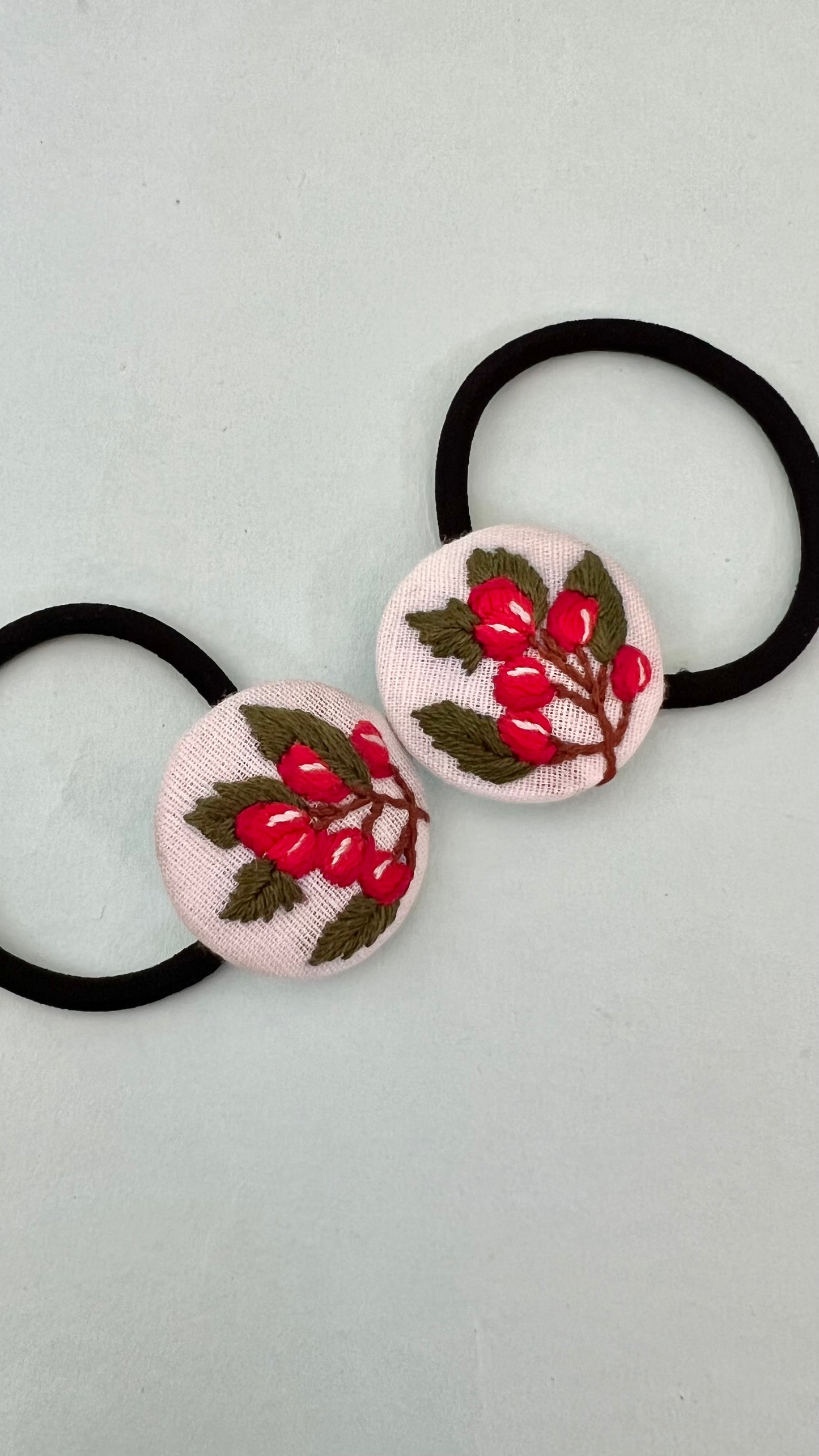 Red berries hand embroidered hair ties | White