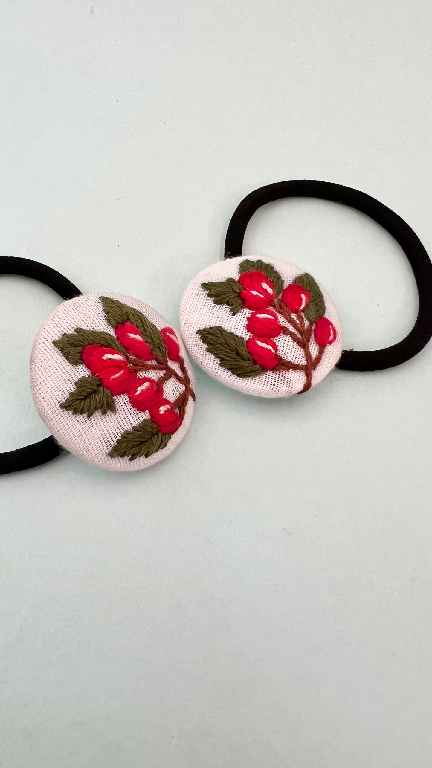 Red berries hand embroidered hair ties | White