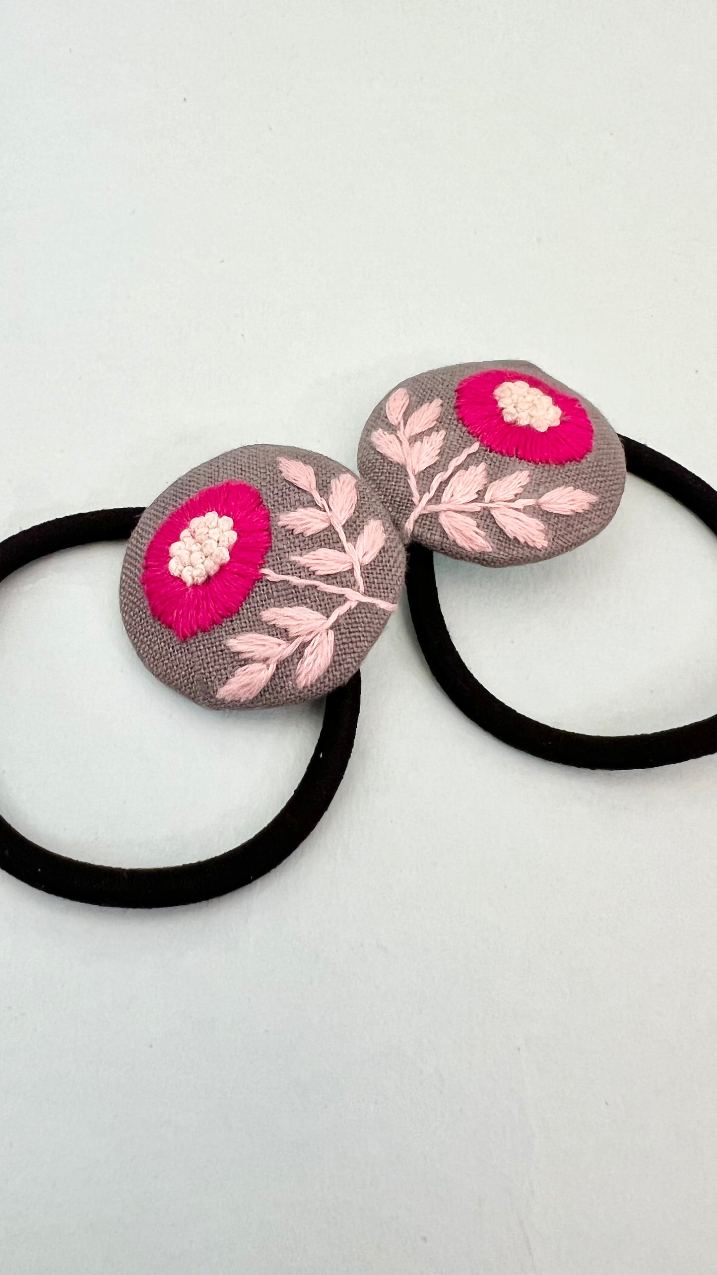 Elsa pink Hand embroidered hair tie | Grey