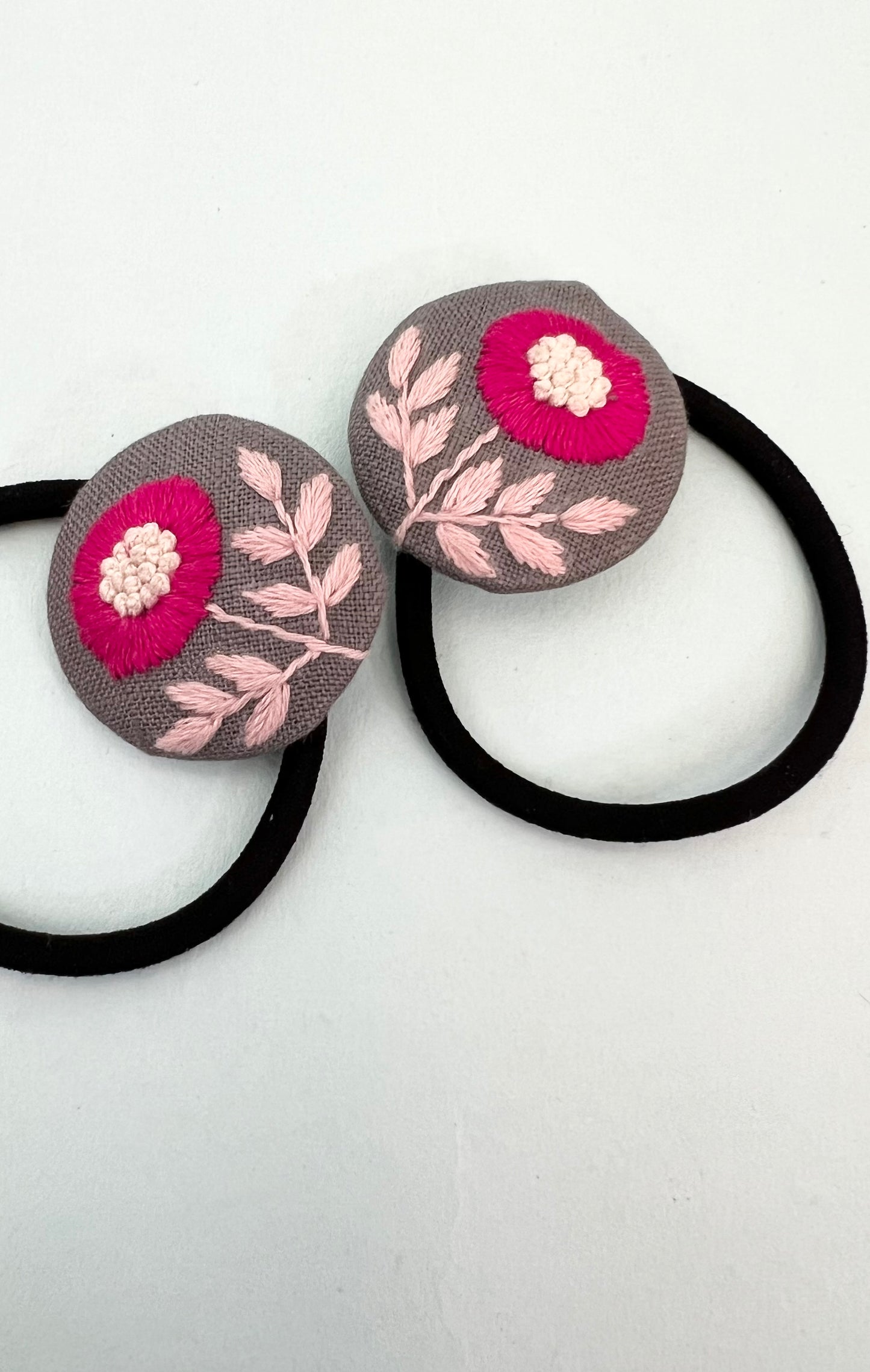 Elsa pink Hand embroidered hair tie | Grey