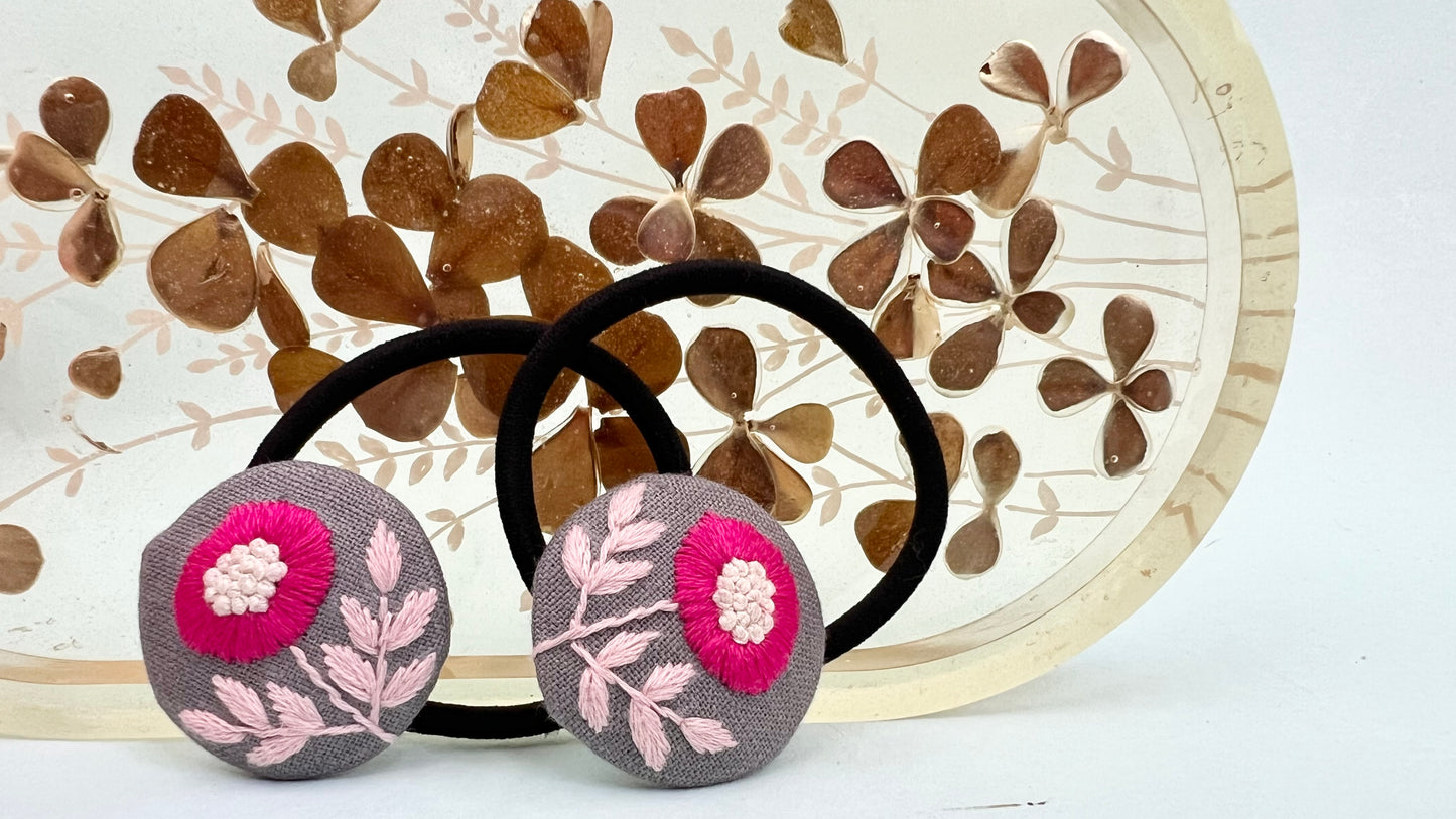 Elsa pink Hand embroidered hair tie | Grey