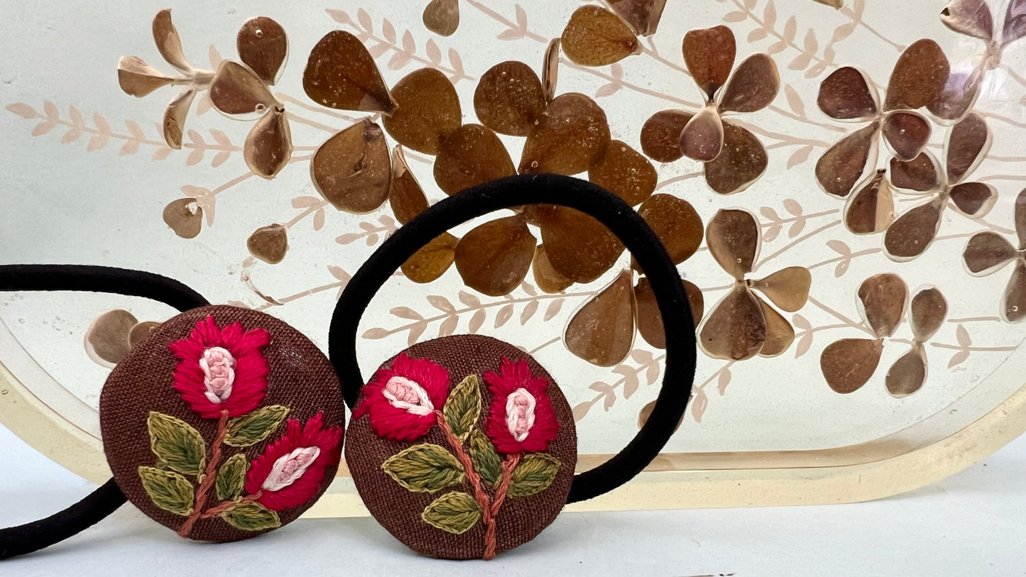 Pomegranate hand embroidered hair tie | Brown