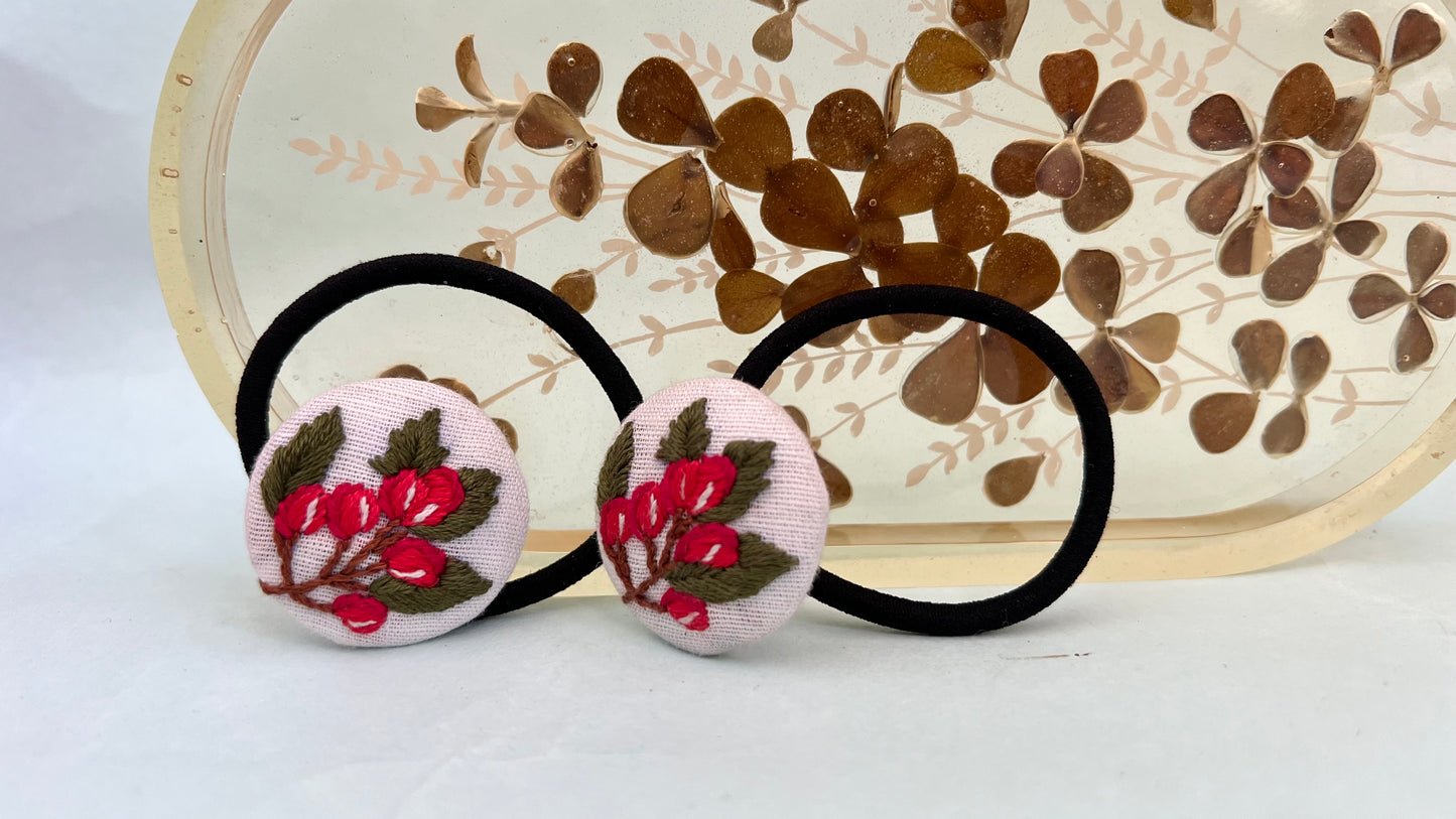 Red berries hand embroidered hair ties | White