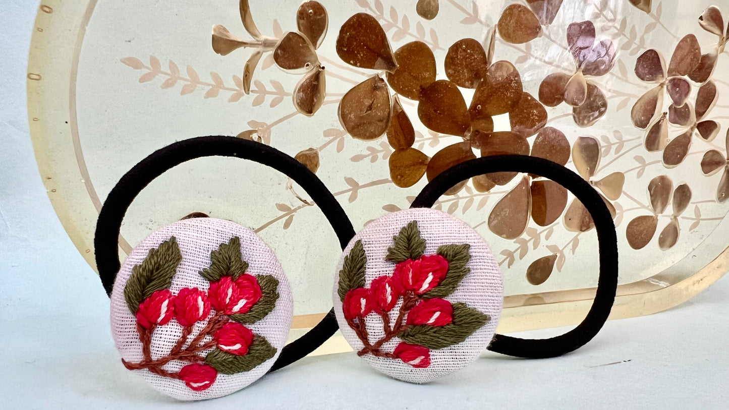 Red berries hand embroidered hair ties | White