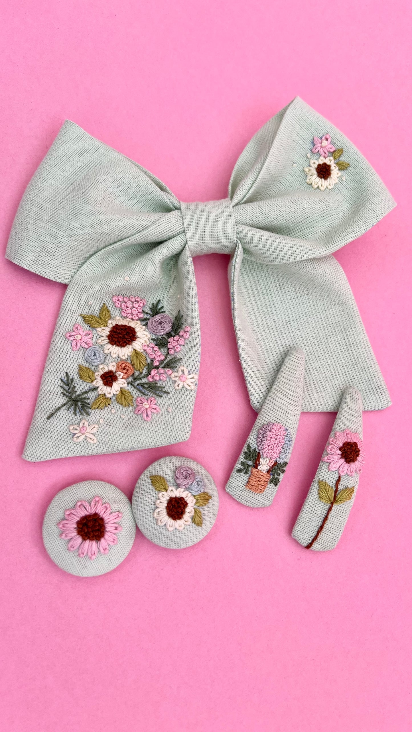 Spring Splendour - Pastel green hand embroidered bow clip, tic tac pins & hair ties set | Set of 3