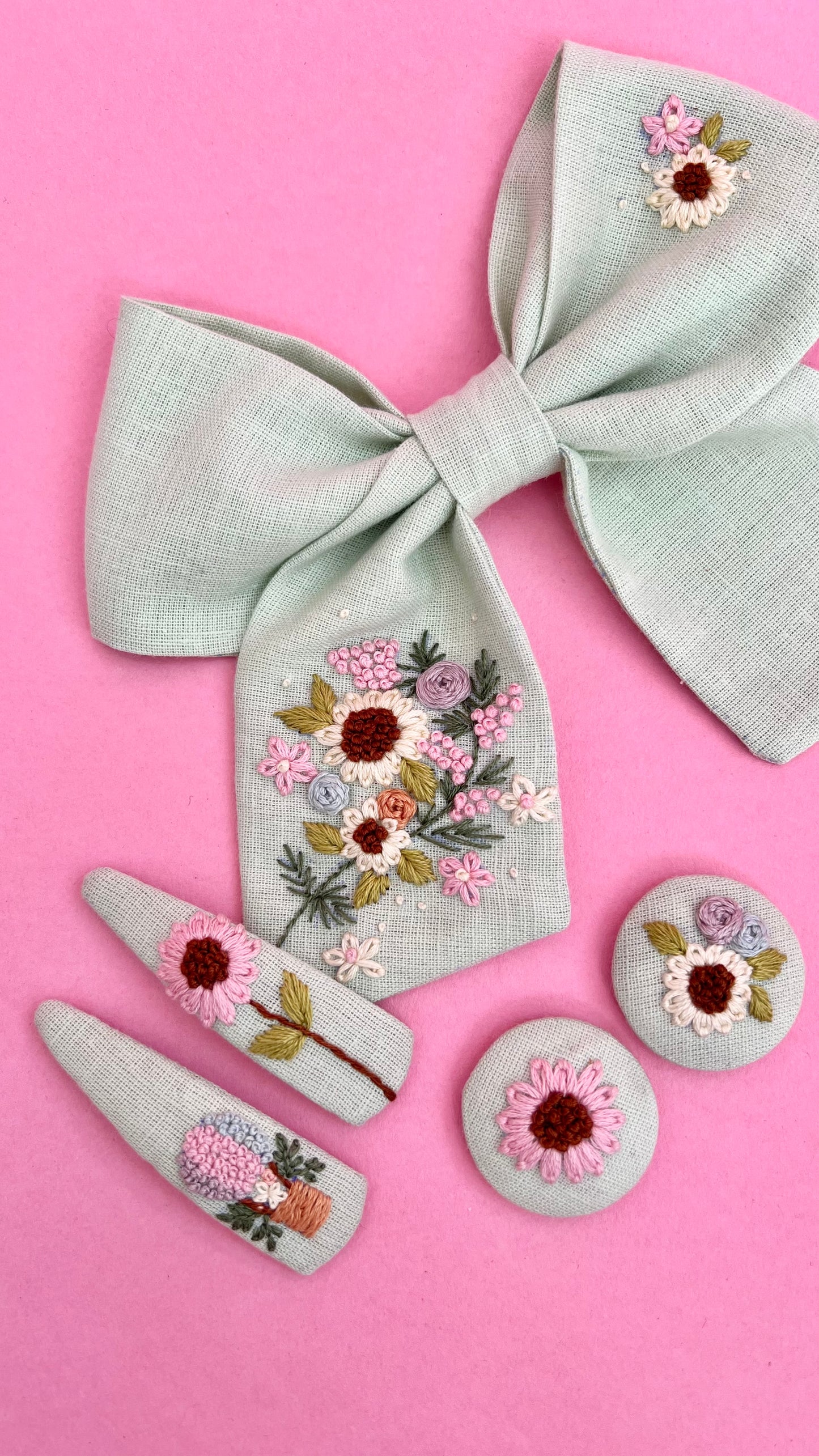 Spring Splendour - Pastel green hand embroidered bow clip, tic tac pins & hair ties set | Set of 3