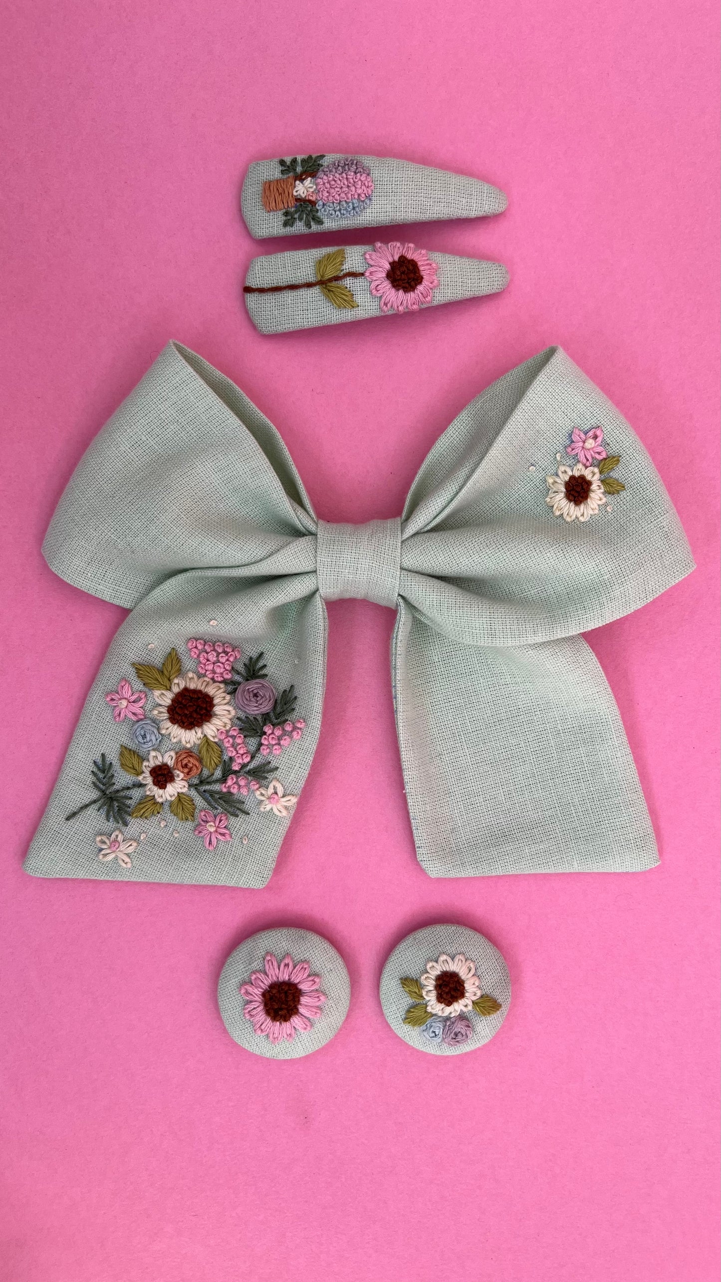 Spring Splendour - Pastel green hand embroidered bow clip, tic tac pins & hair ties set | Set of 3