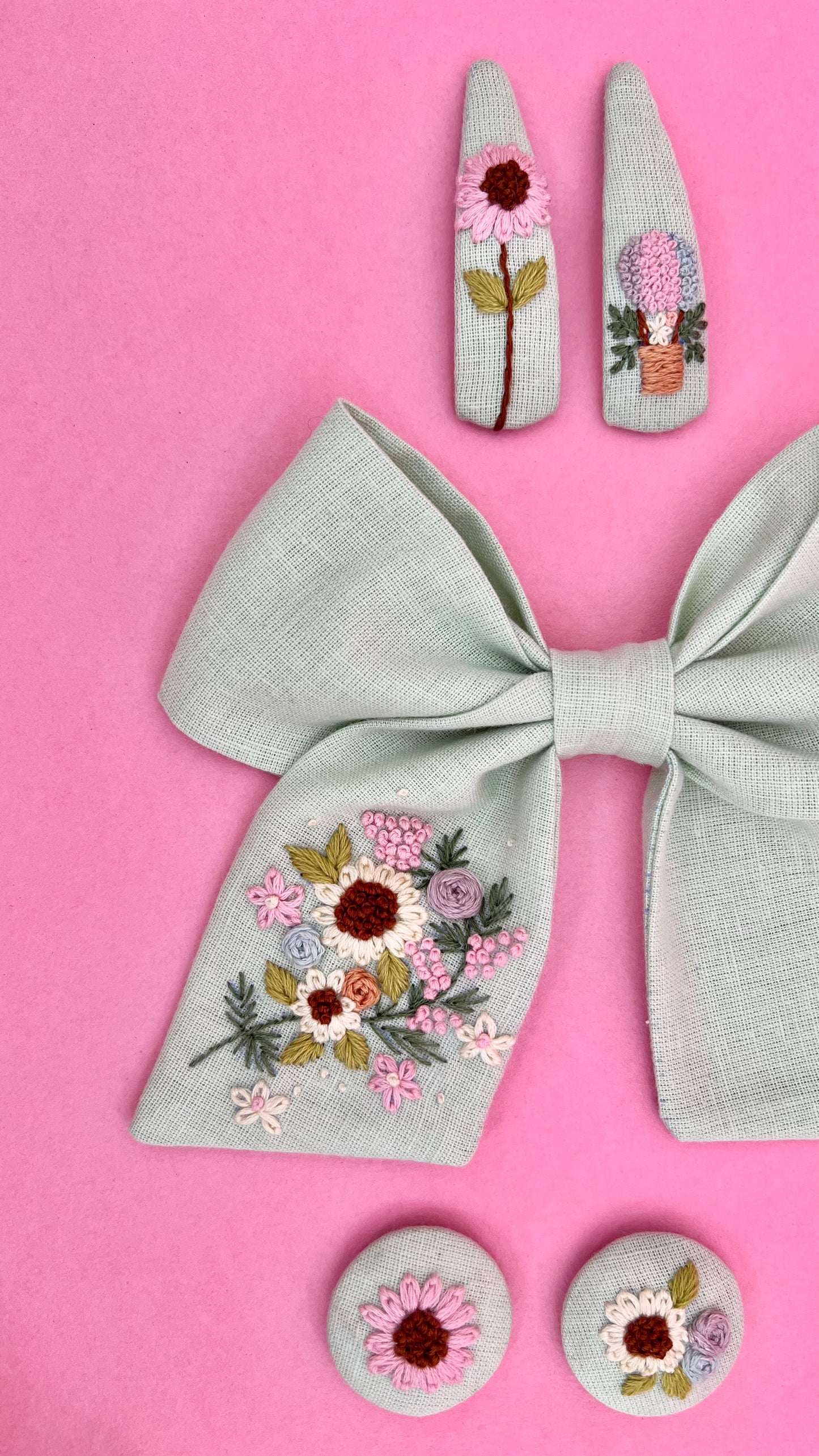 Spring Splendour - Pastel green hand embroidered bow clip, tic tac pins & hair ties set | Set of 3