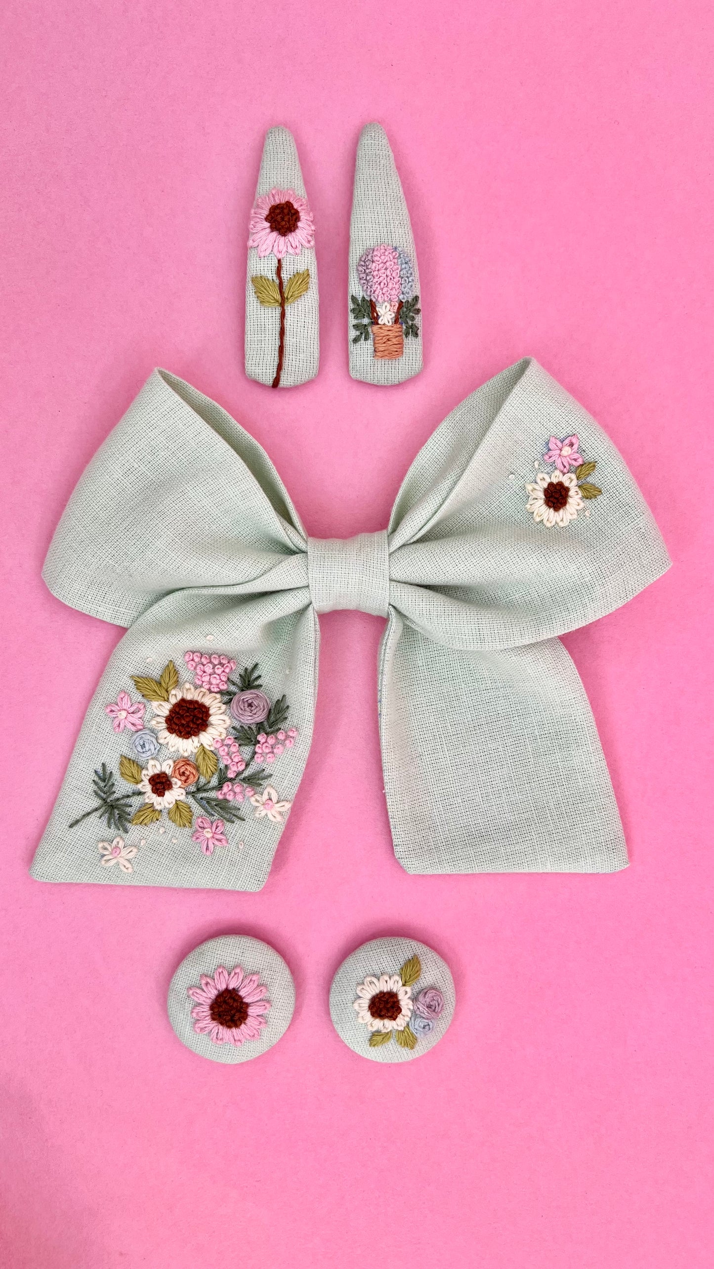 Spring Splendour - Pastel green hand embroidered bow clip, tic tac pins & hair ties set | Set of 3