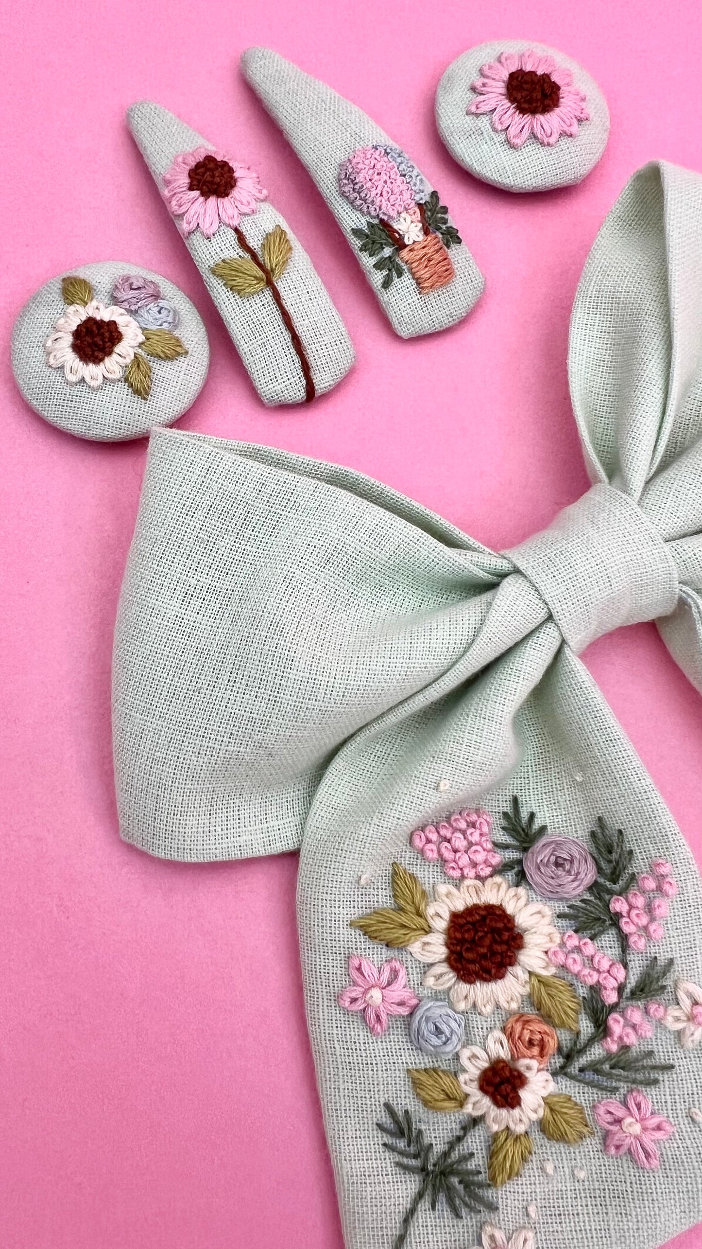 Spring Splendour - Pastel green hand embroidered bow clip, tic tac pins & hair ties set | Set of 3