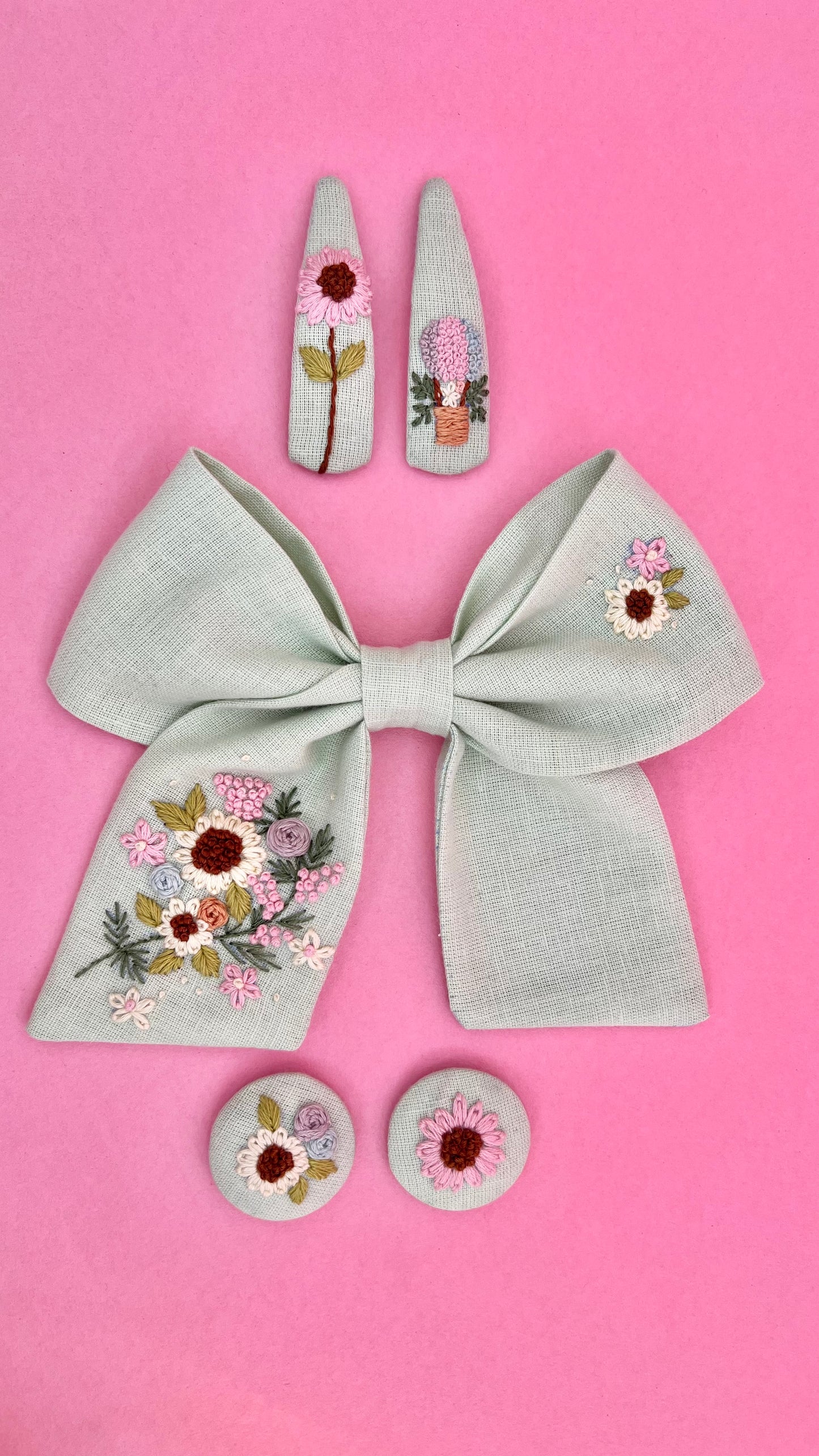 Spring Splendour - Pastel green hand embroidered bow clip, tic tac pins & hair ties set | Set of 3