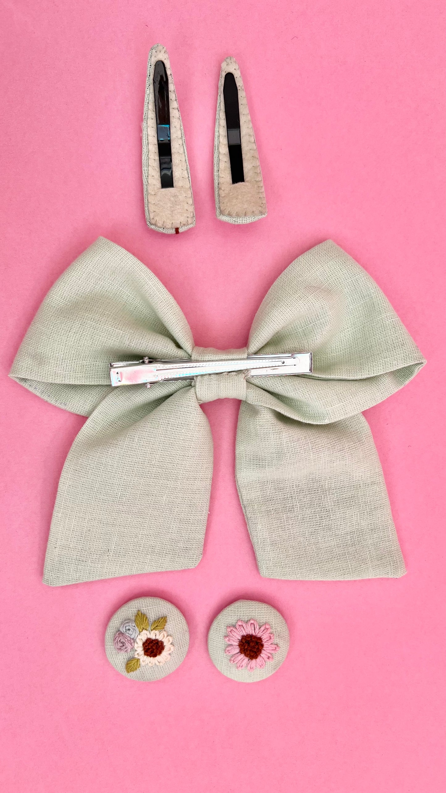 Spring Splendour - Pastel green hand embroidered bow clip, tic tac pins & hair ties set | Set of 3