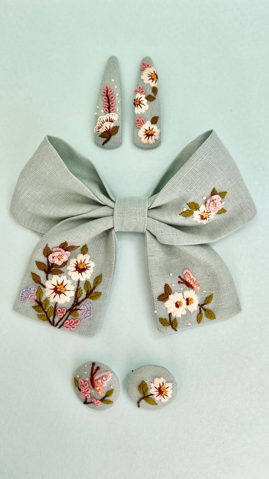 Spring splendour- Sea Sage hand embroidered Bow clip, Tic tac pin & Hair ties set | Set of 3