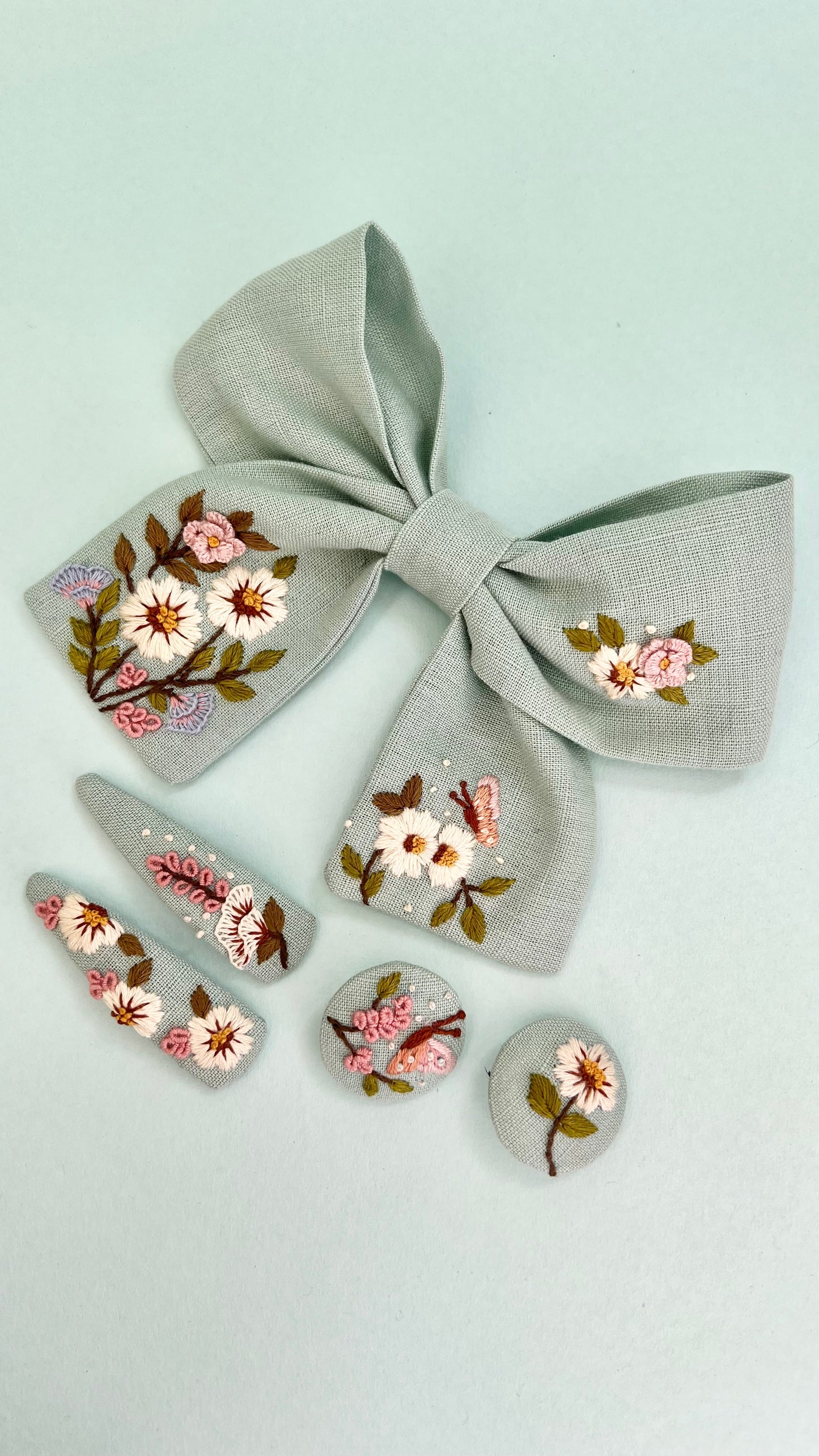 Spring splendour- Sea Sage hand embroidered Bow clip, Tic tac pin & Hair ties set | Set of 3