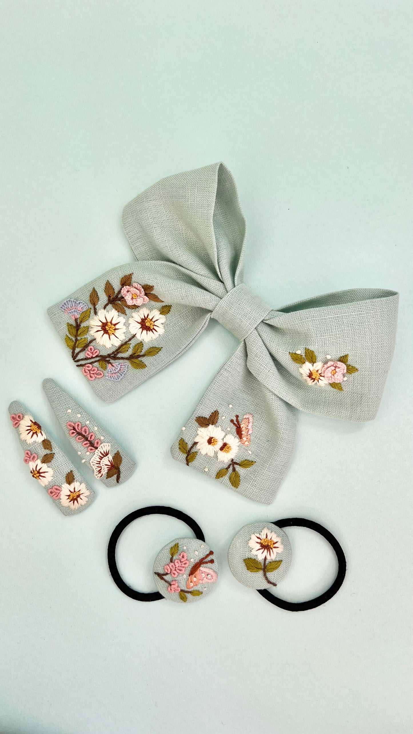 Spring splendour- Sea Sage hand embroidered Bow clip, Tic tac pin & Hair ties set | Set of 3