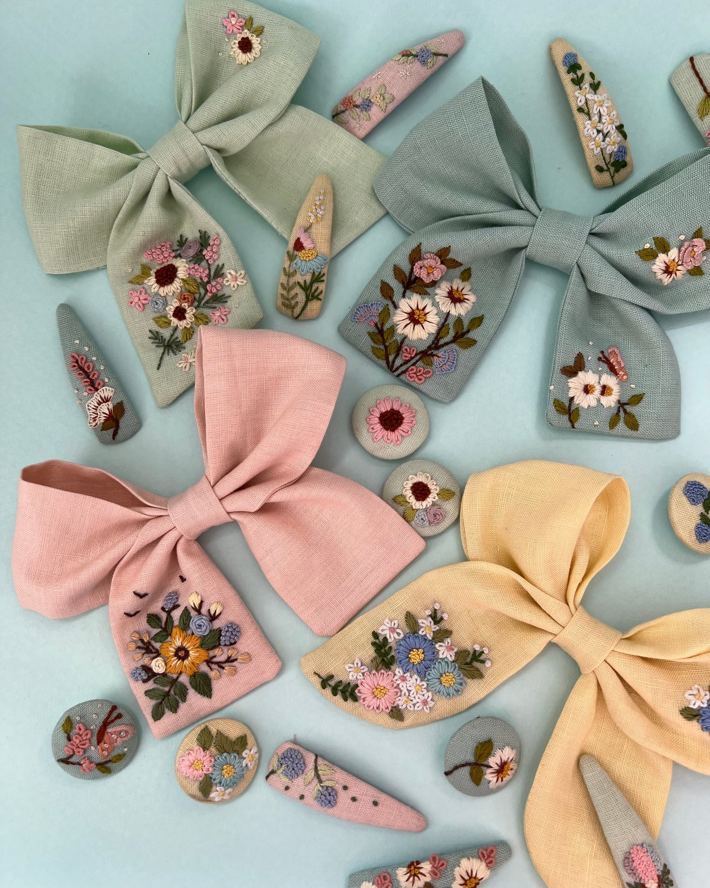 Spring splendour- Sea Sage hand embroidered Bow clip, Tic tac pin & Hair ties set | Set of 3