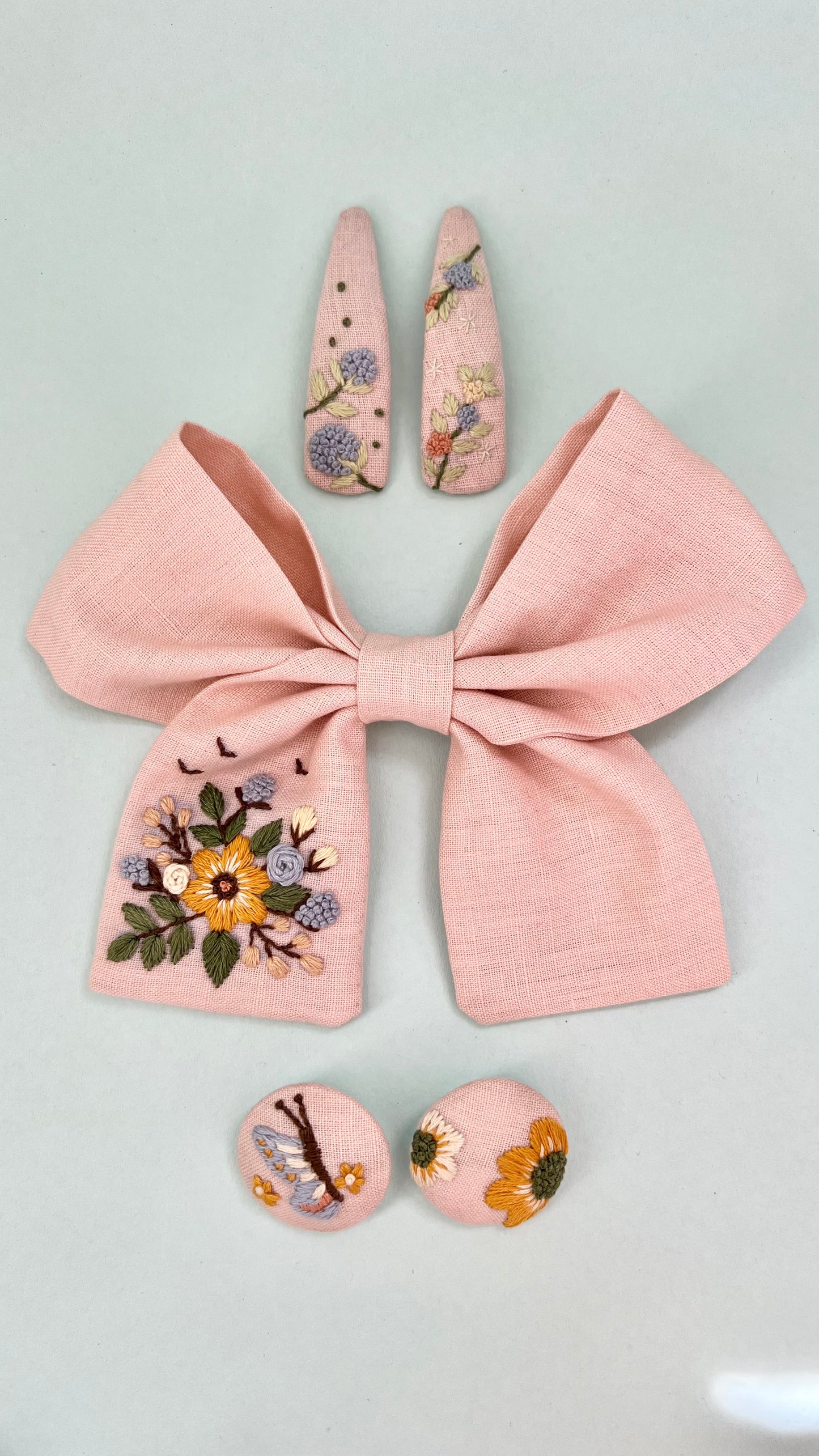 Spring Splendour - Peach Punk hand embroidered bow clip, tic tac pins & hair ties set | Set of 3