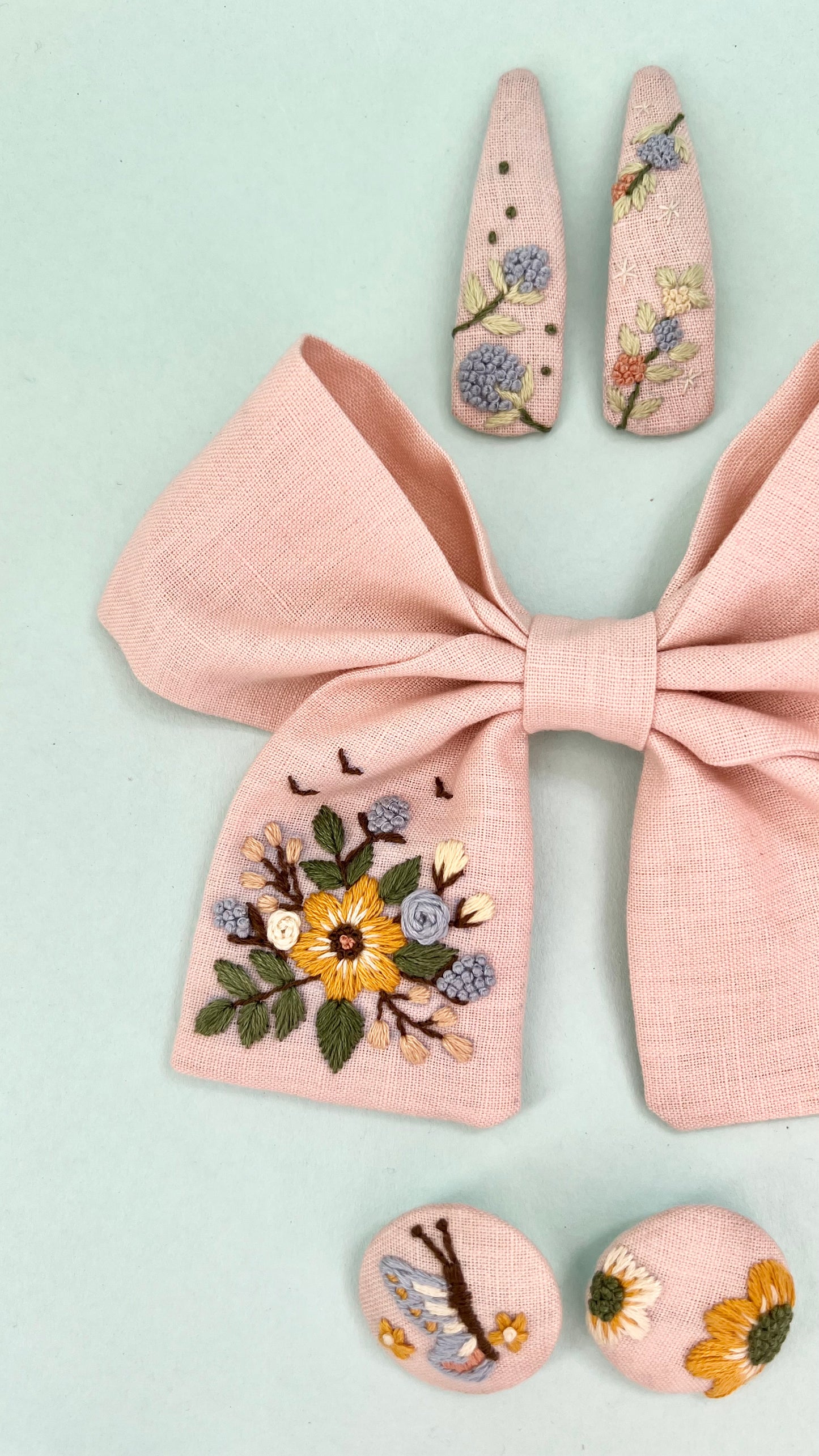 Spring Splendour - Peach Punk hand embroidered bow clip, tic tac pins & hair ties set | Set of 3