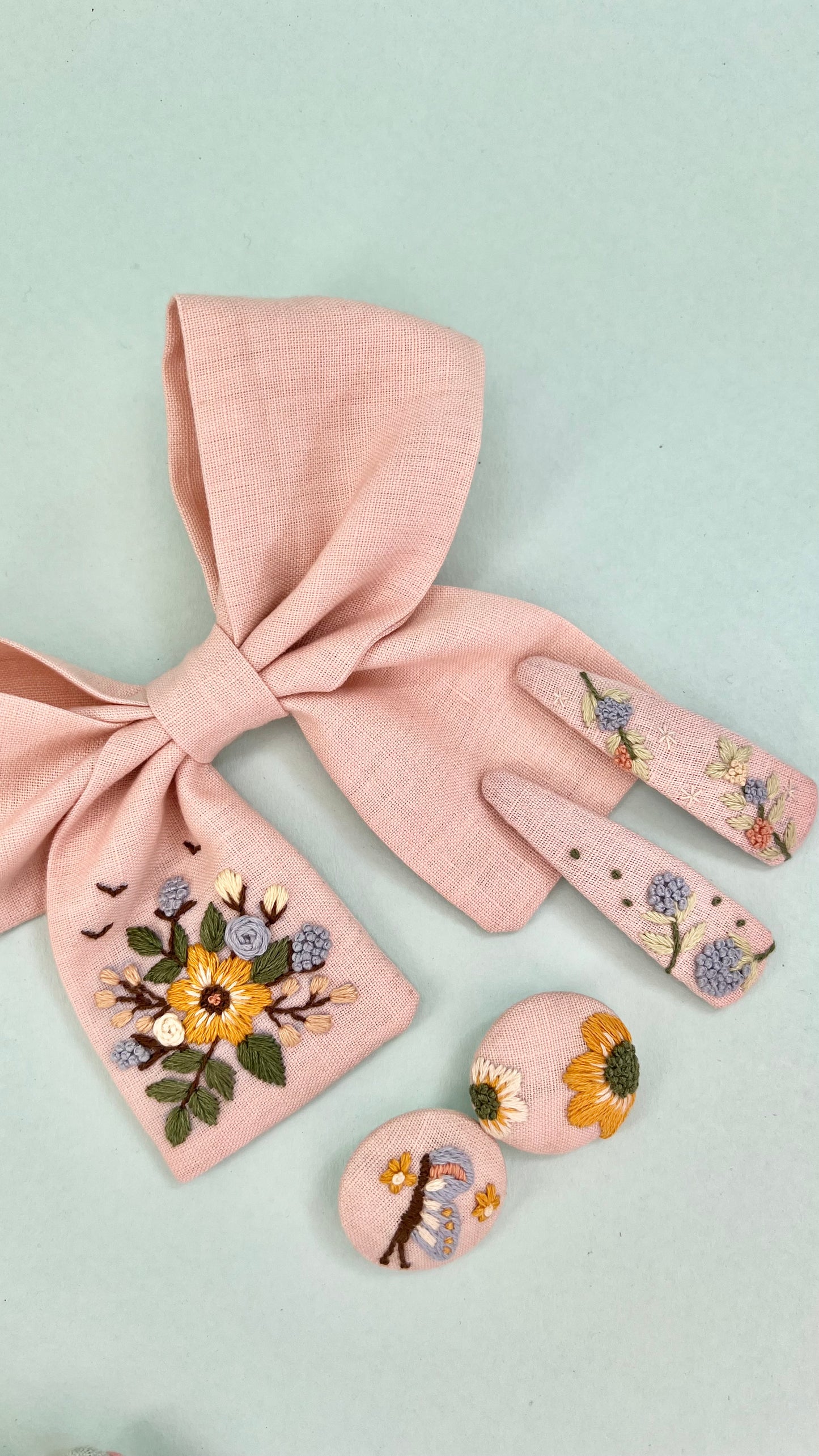 Spring Splendour - Peach Punk hand embroidered bow clip, tic tac pins & hair ties set | Set of 3