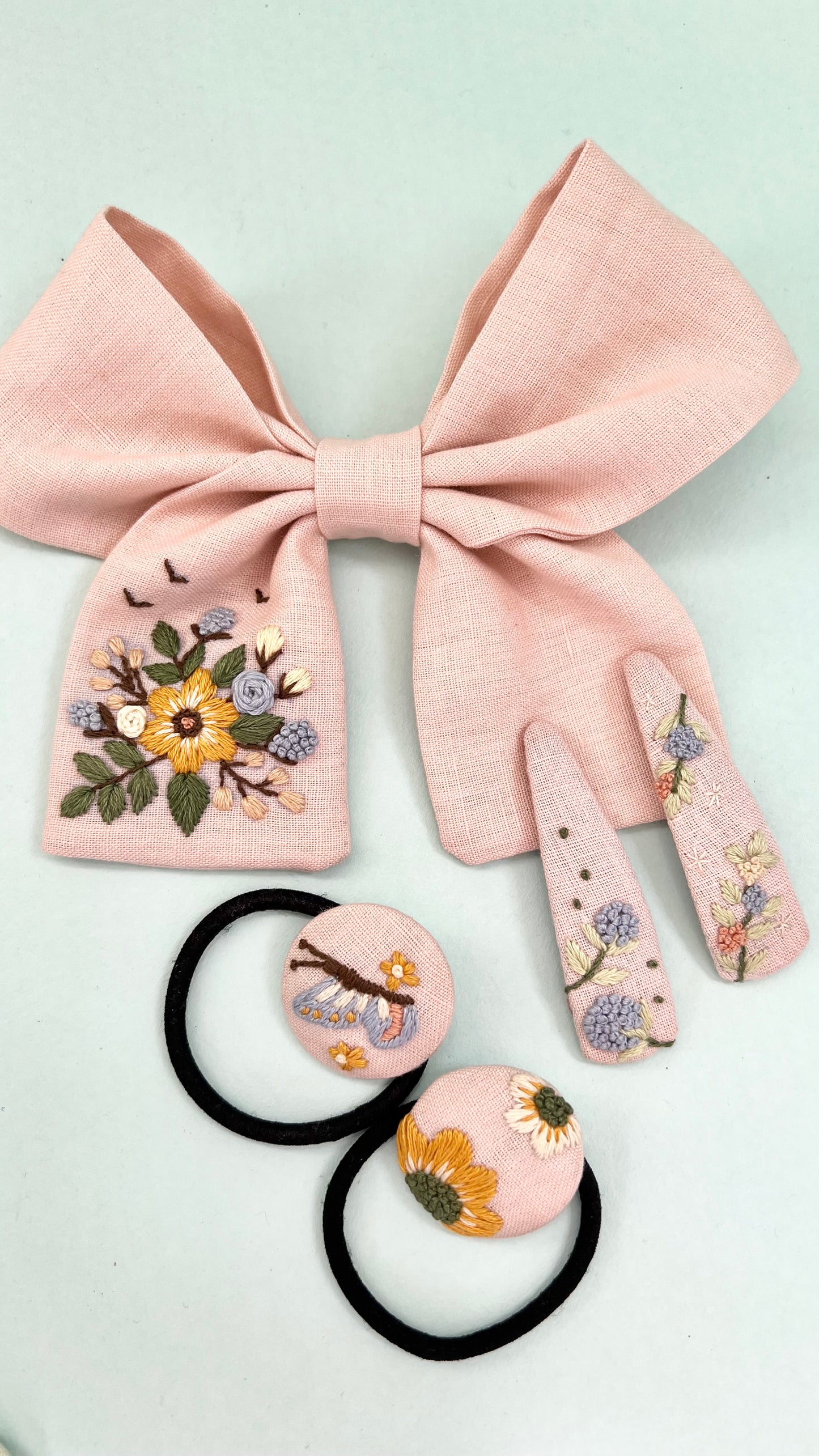 Spring Splendour - Peach Punk hand embroidered bow clip, tic tac pins & hair ties set | Set of 3