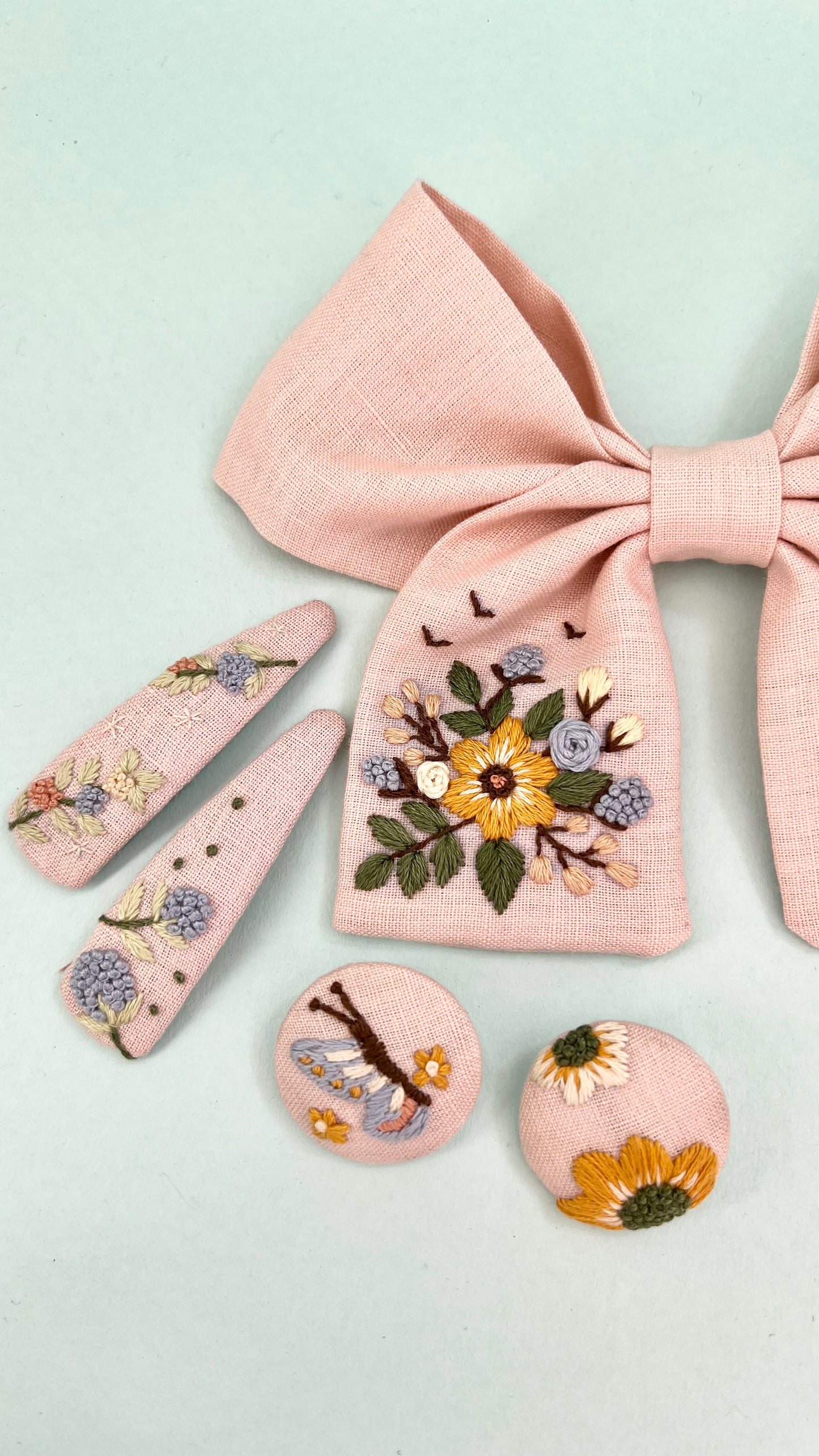 Spring Splendour - Peach Punk hand embroidered bow clip, tic tac pins & hair ties set | Set of 3