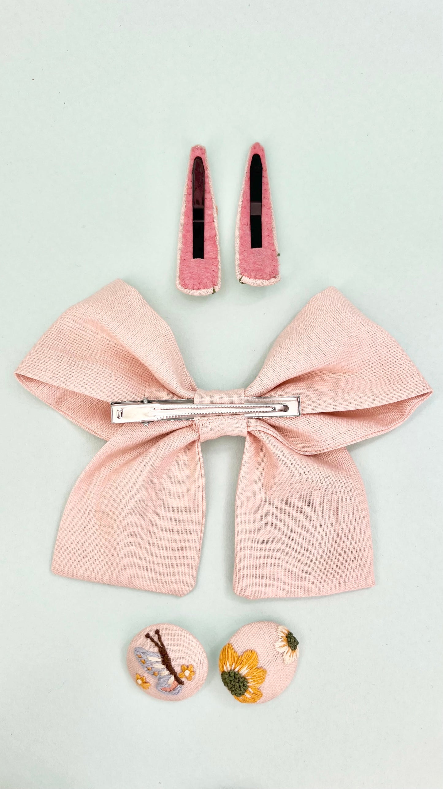 Spring Splendour - Peach Punk hand embroidered bow clip, tic tac pins & hair ties set | Set of 3