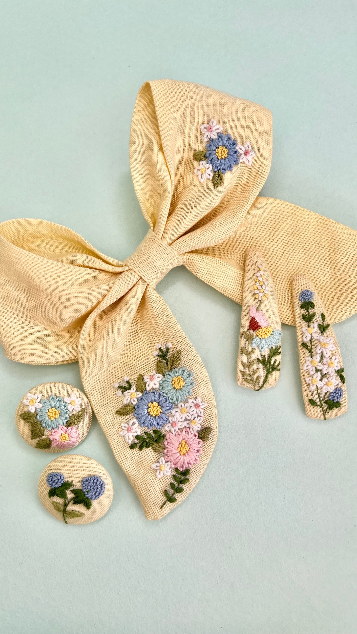 Spring Splendour - Sunshine yellow hand embroidered bow clip, tic tac pins & hair ties set | Set of 3